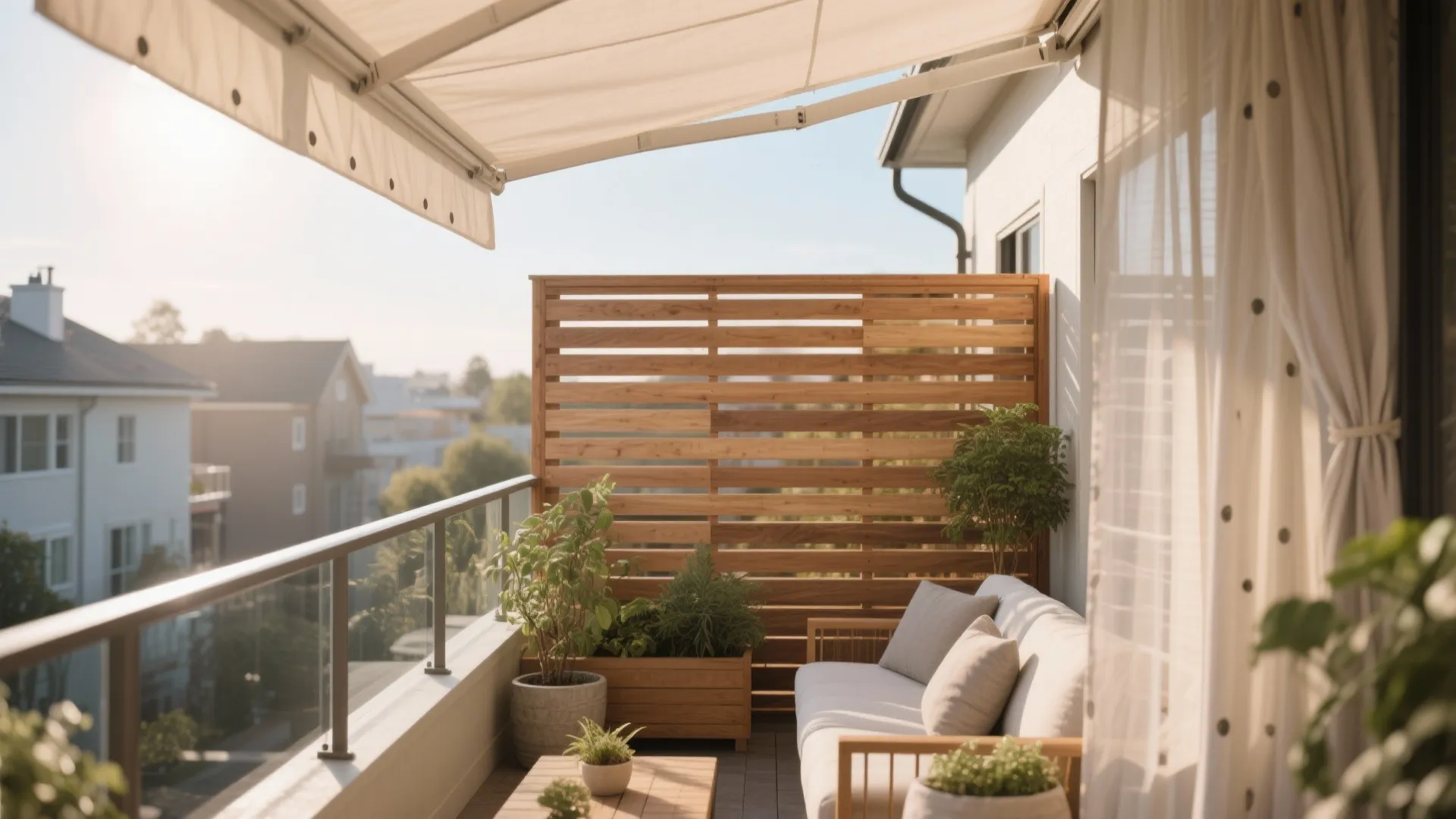 Privacy and shade: slatted screens, outdoor curtains, and fabric canopies