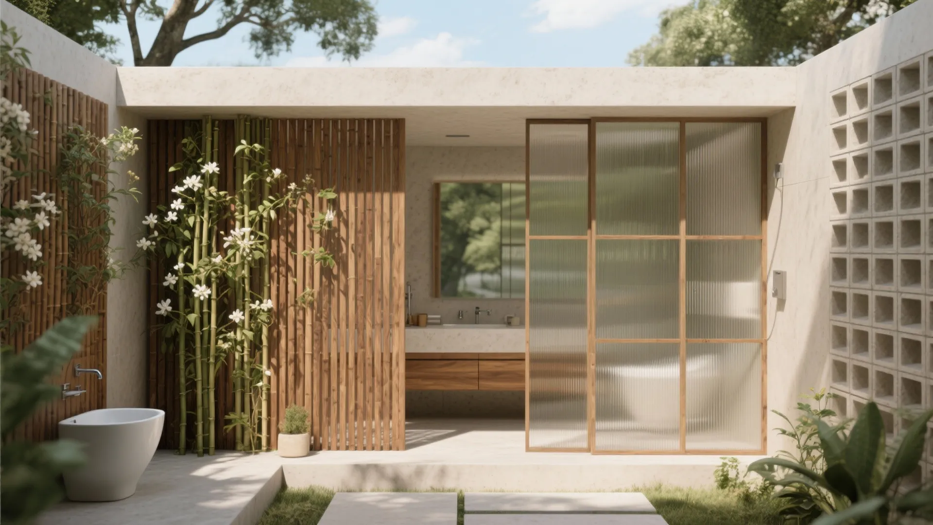 Minimalist outdoor bathroom with white tub bamboo wall frosted glass doors and wooden sink storage