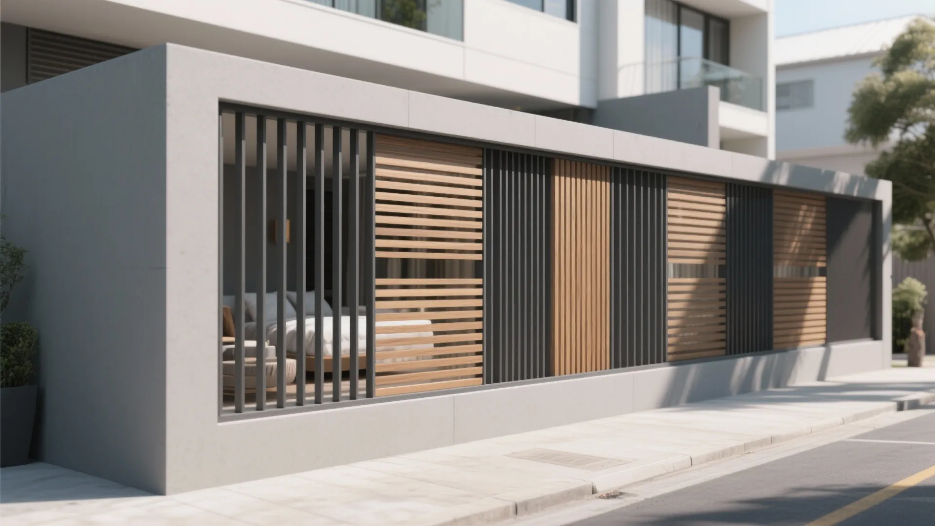 Modern grey wall with black vertical bars and light wood panels showing a cozy bedroom