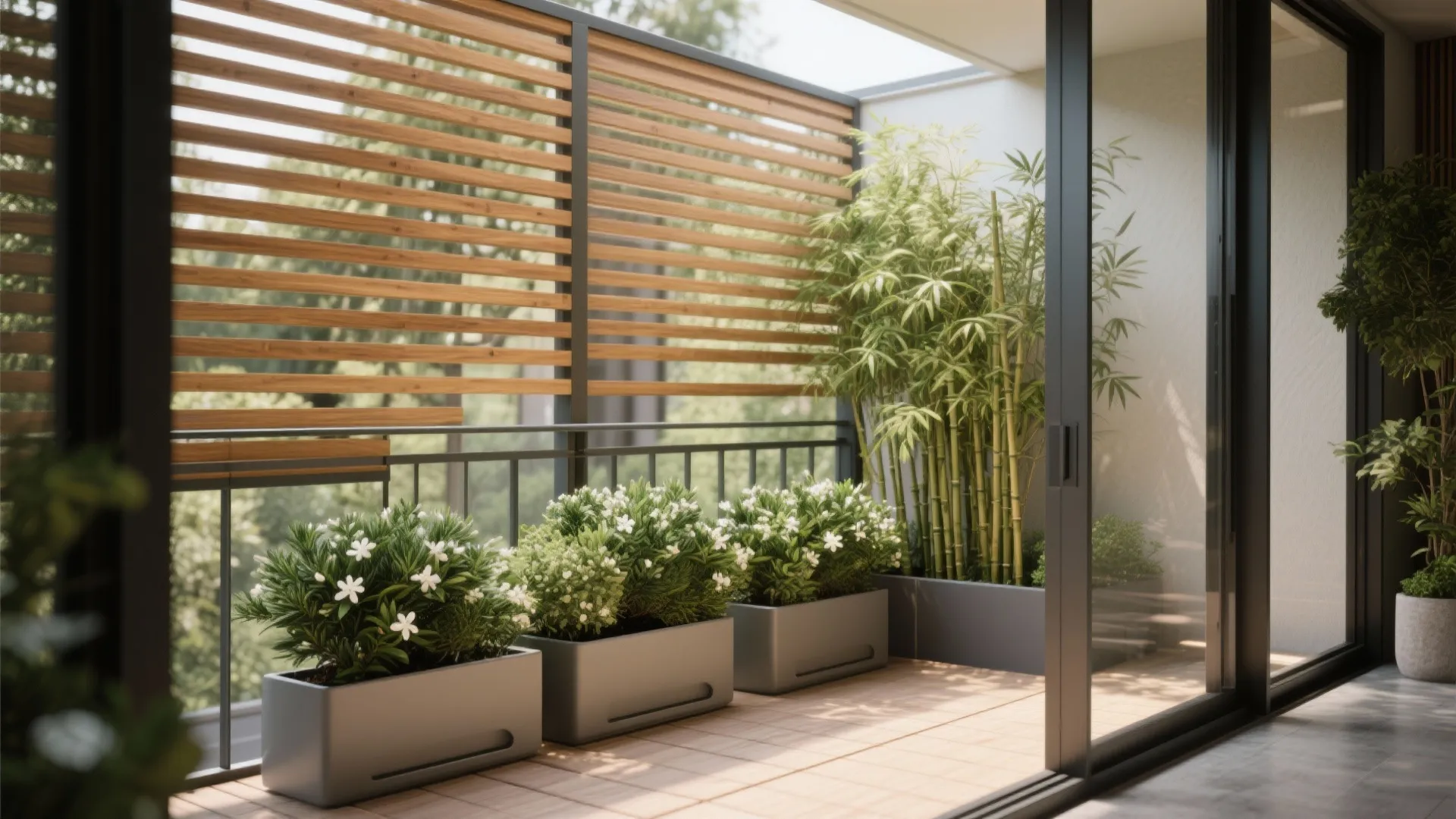 Layered privacy: plants + slatted screens