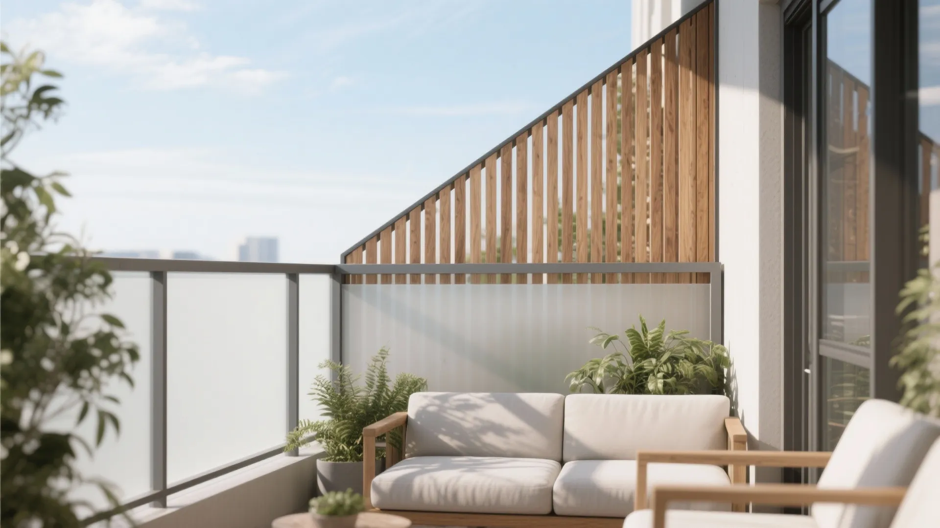 Modern balcony design with wooden privacy screen white outdoor sofa green plants and blue sky