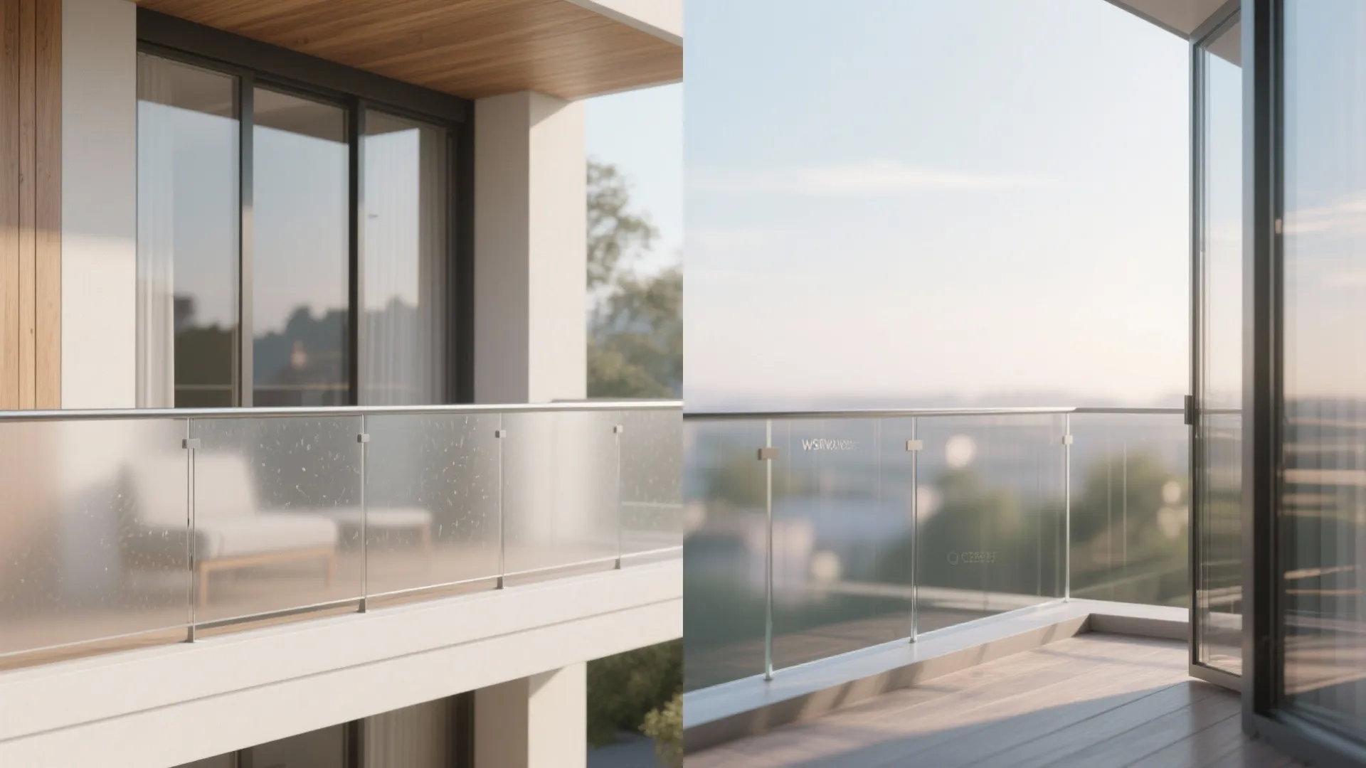 Side by side comparison of frosted glass balcony railing versus clear glass balcony railing panels