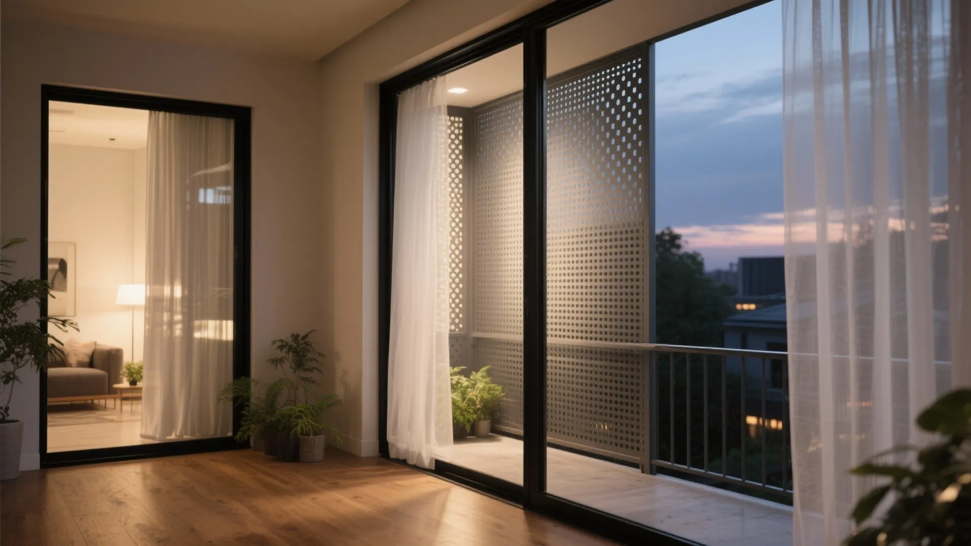 Evening balcony view with privacy screens white curtains green plants wood floor and sunset sky view