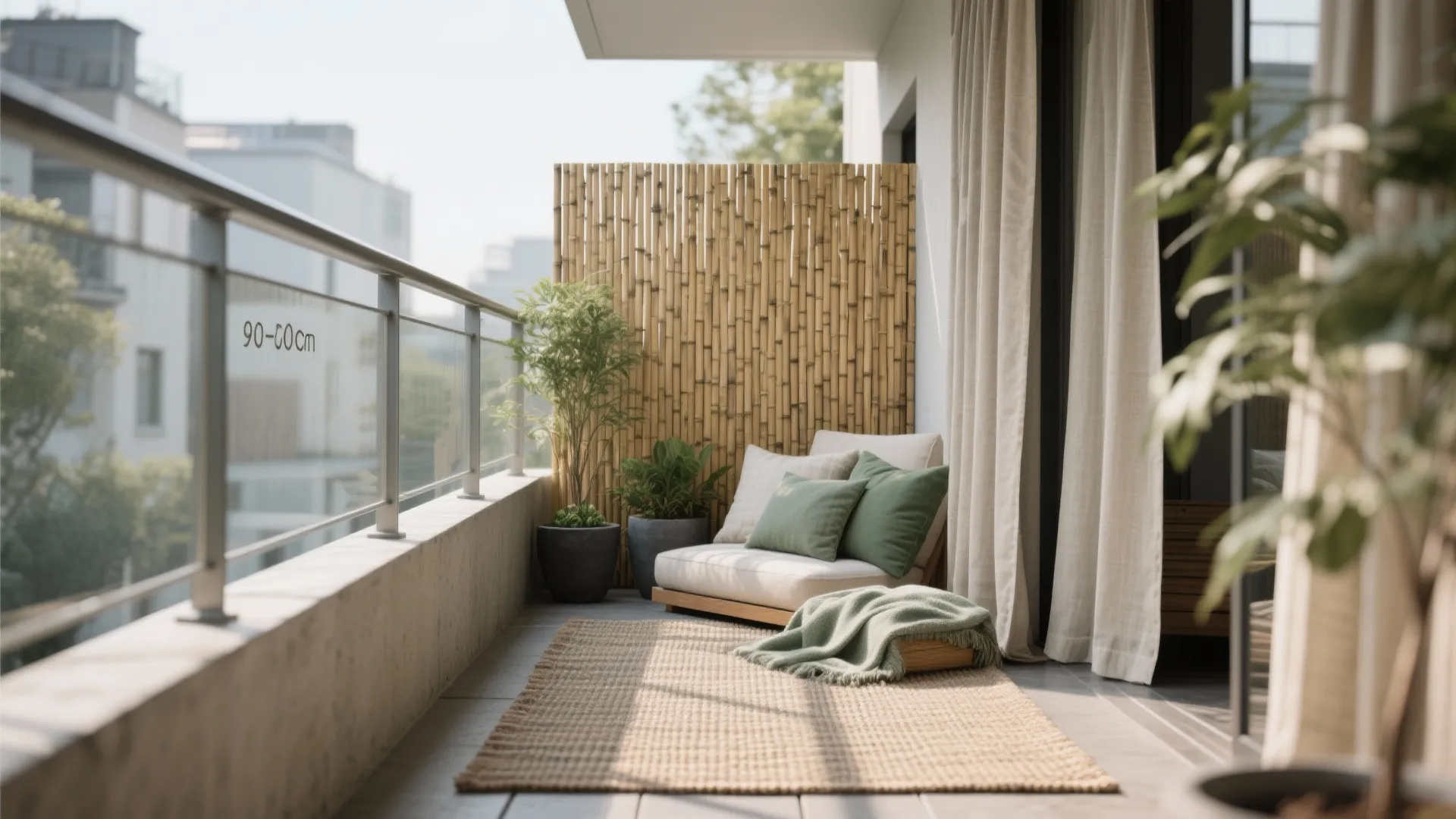 Bamboo screen, outdoor curtains, and flatweave rug create privacy on a tiny balcony.