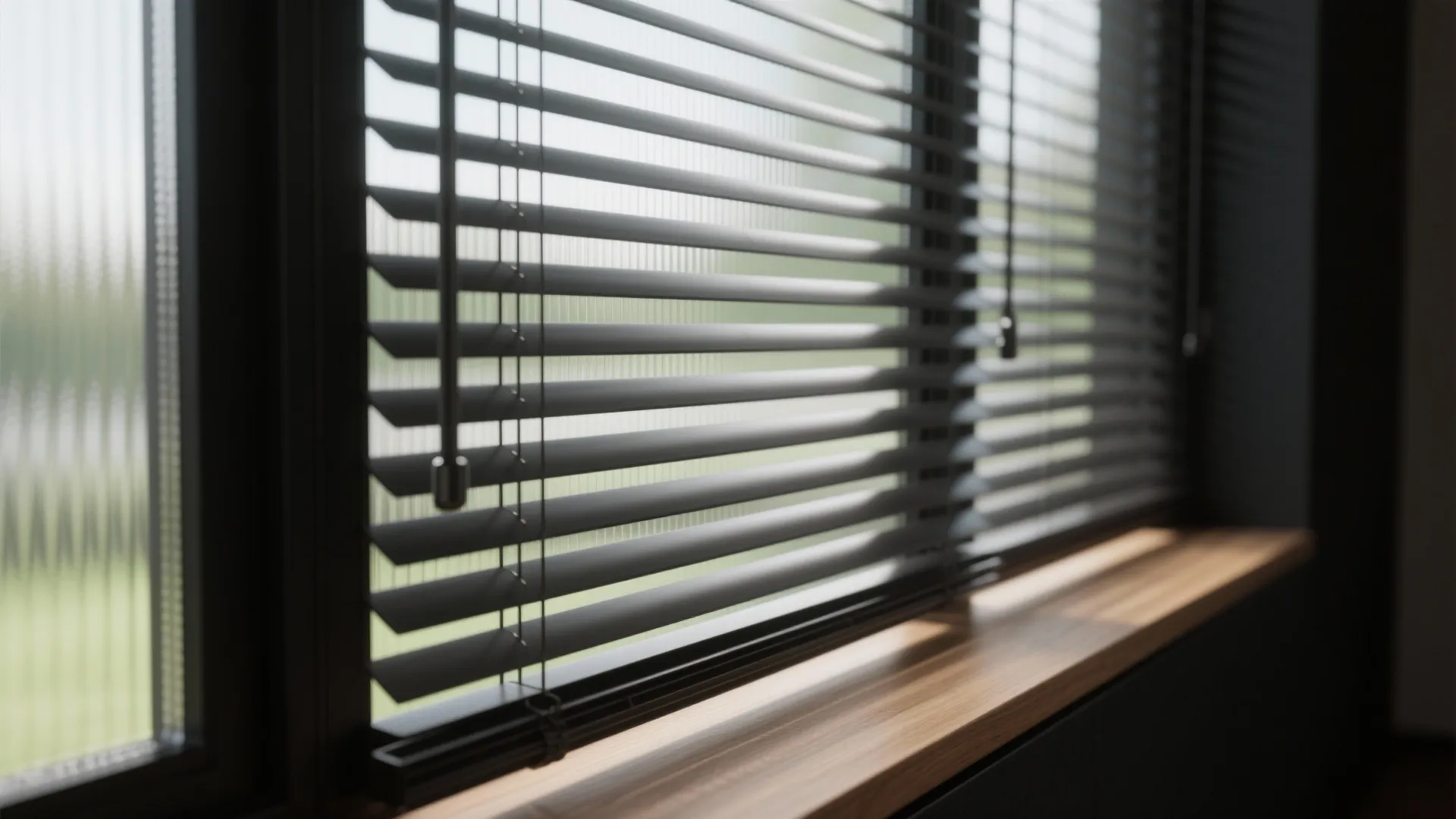 Close view of black window blinds on a wooden shelf with textured glass in background