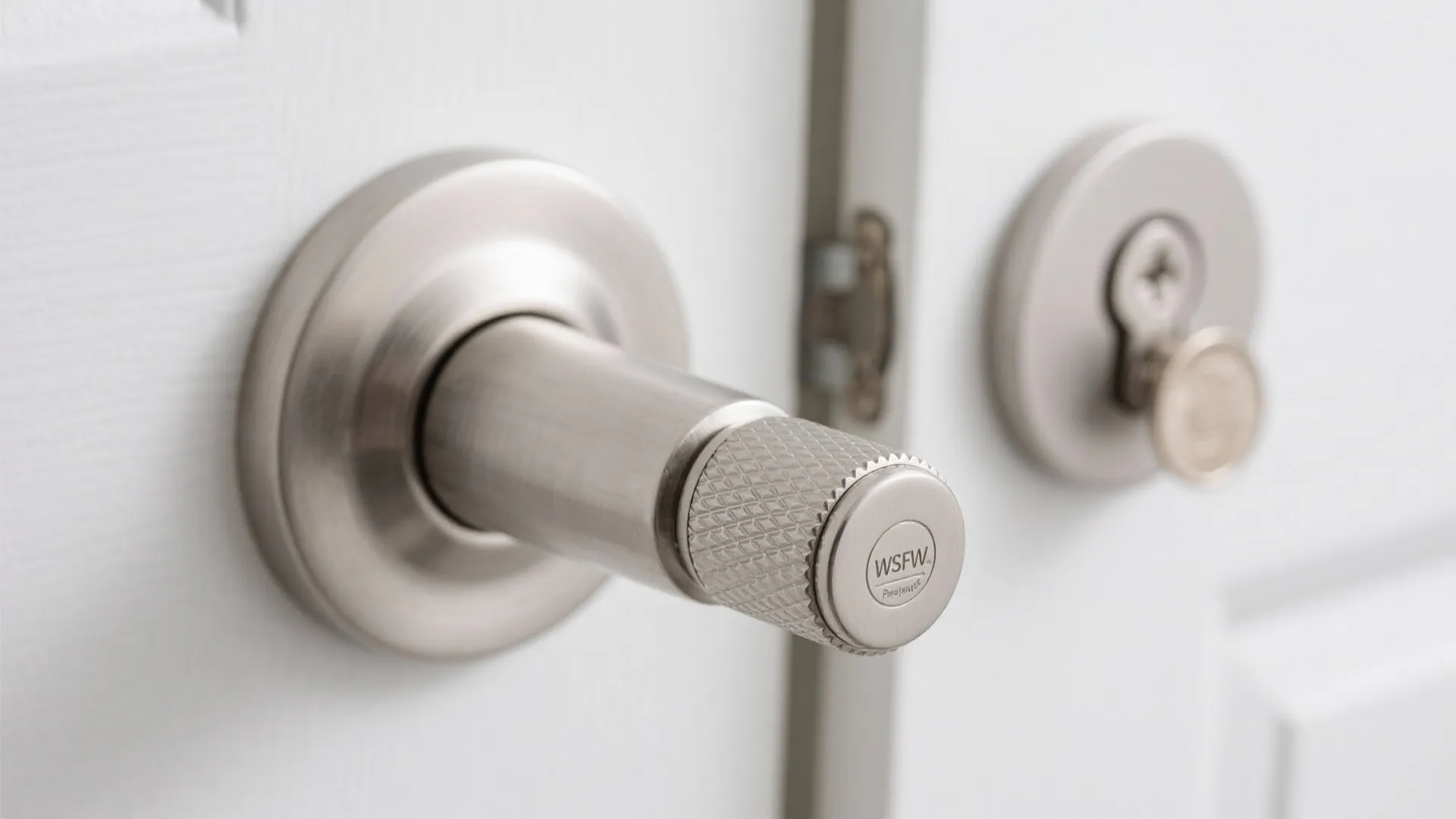 Close up of silver door handle with textured turn lock on a white wooden door