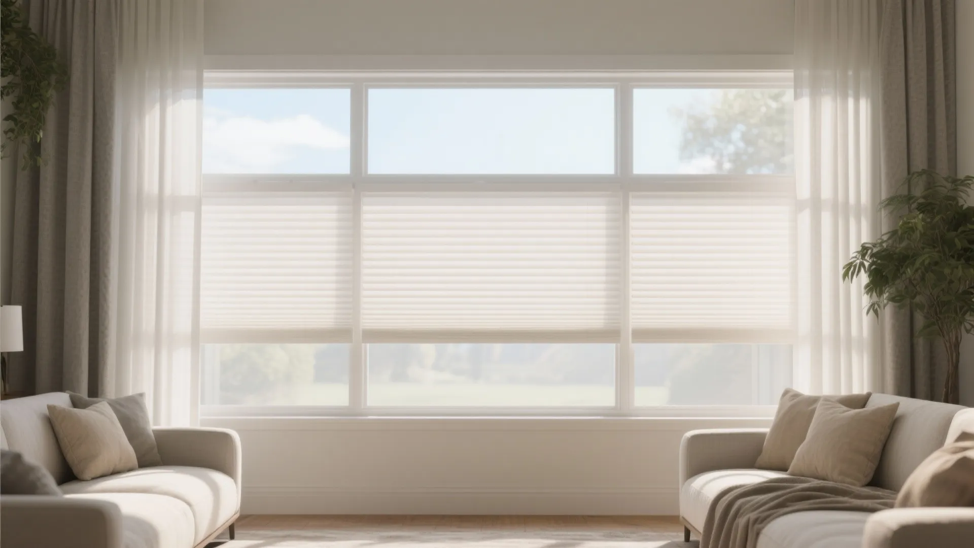 Bright living room with white window shades and beige sofas under soft natural sunlight view