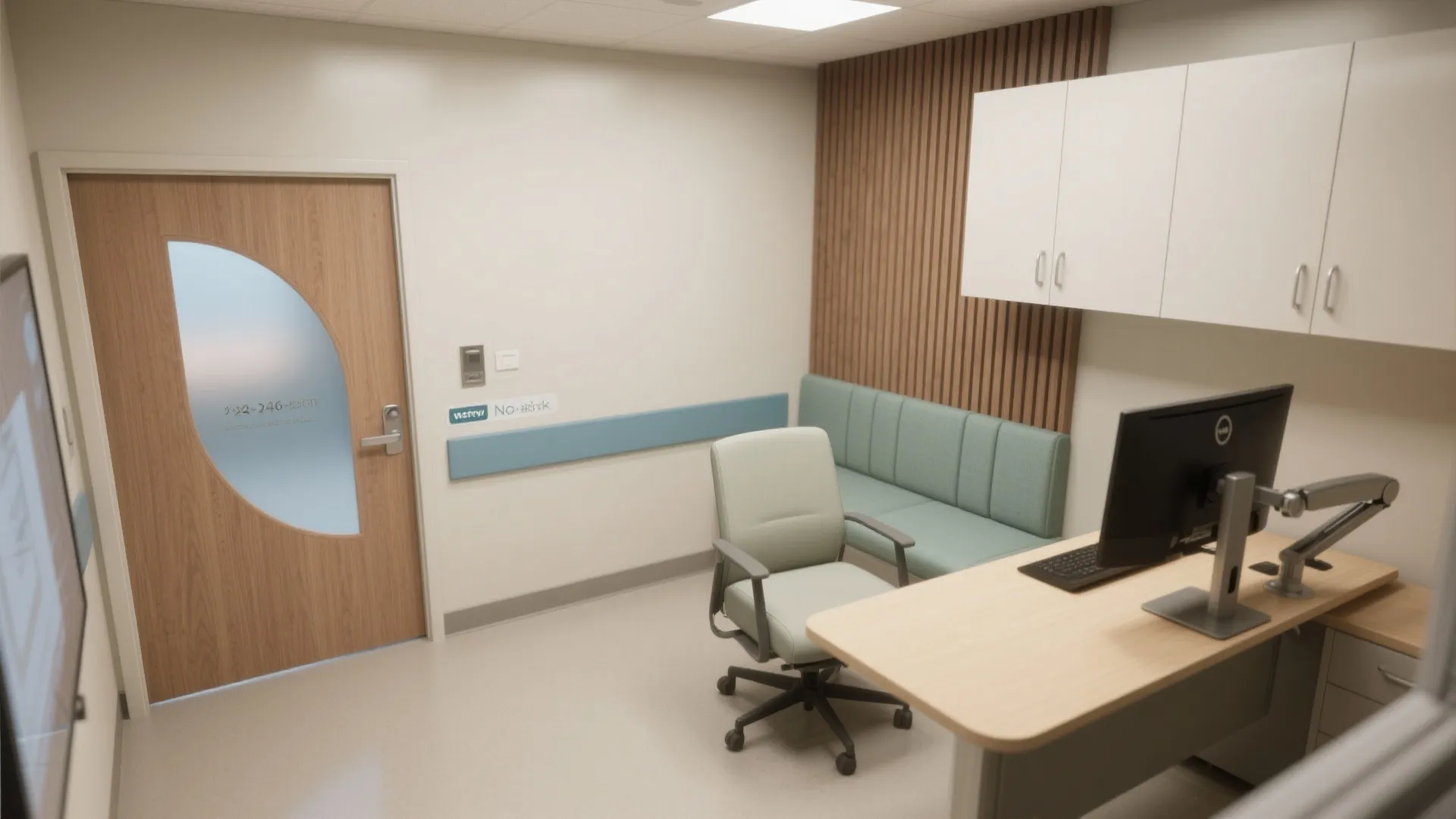 Modern clinic room featuring a wooden door office desk green chair sofa and white wall cabinets