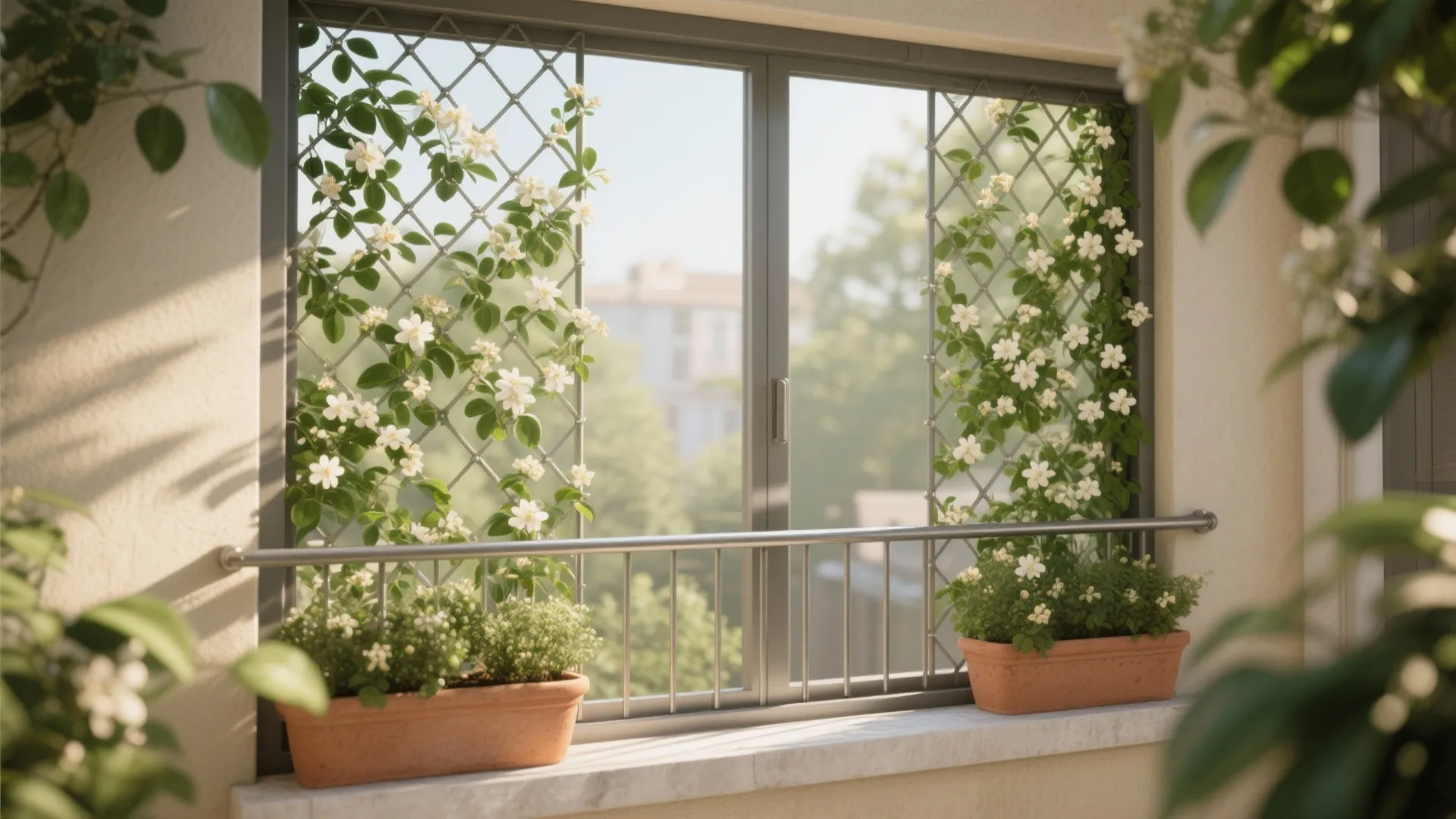 Privacy trellis with climbers for soft screening