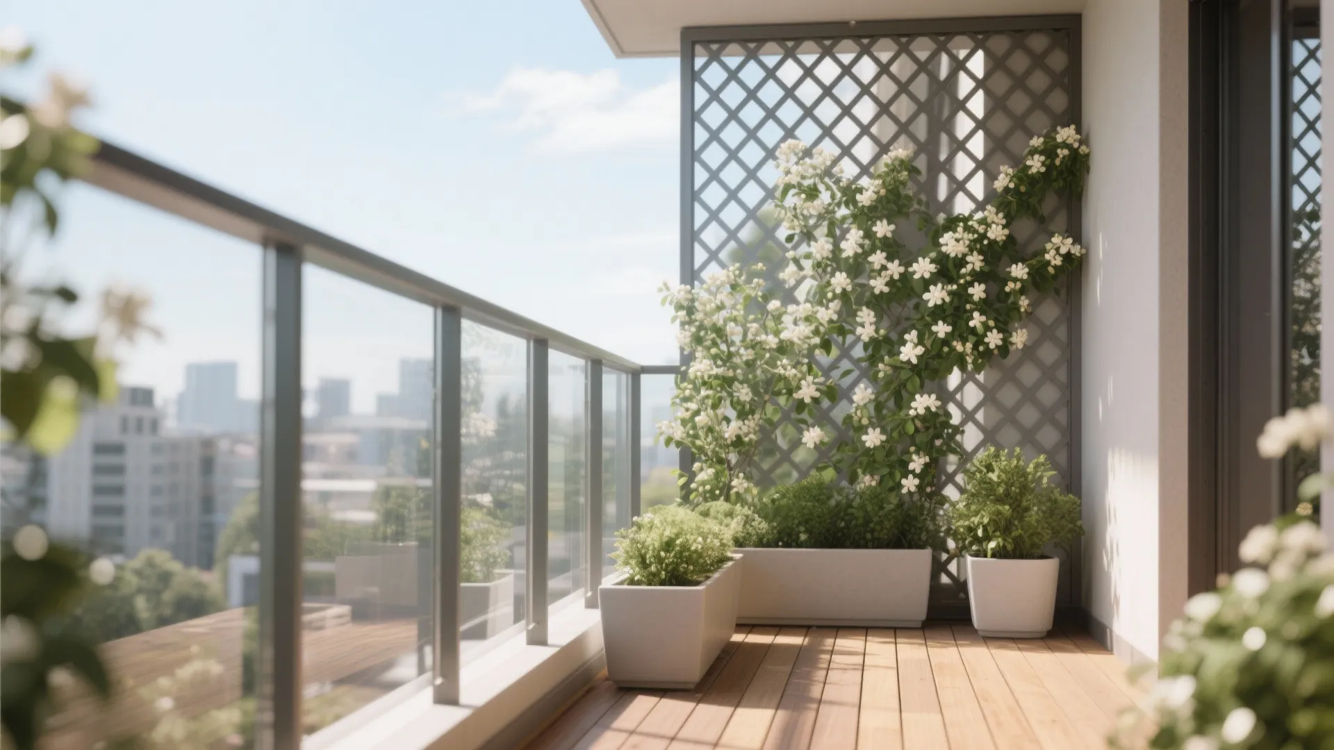 Bright outdoor balcony with wooden floor white flower trellis and several large square potted green plants