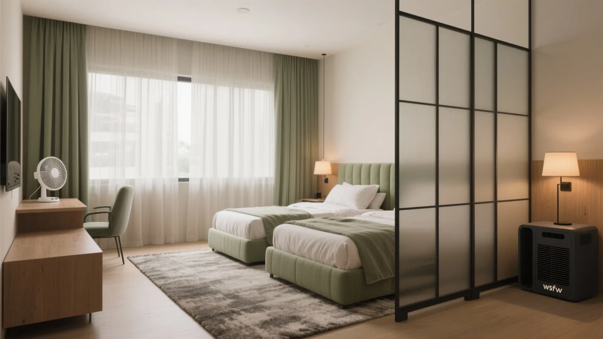 Modern bedroom featuring twin green beds divided by a frosted glass partition for extra privacy