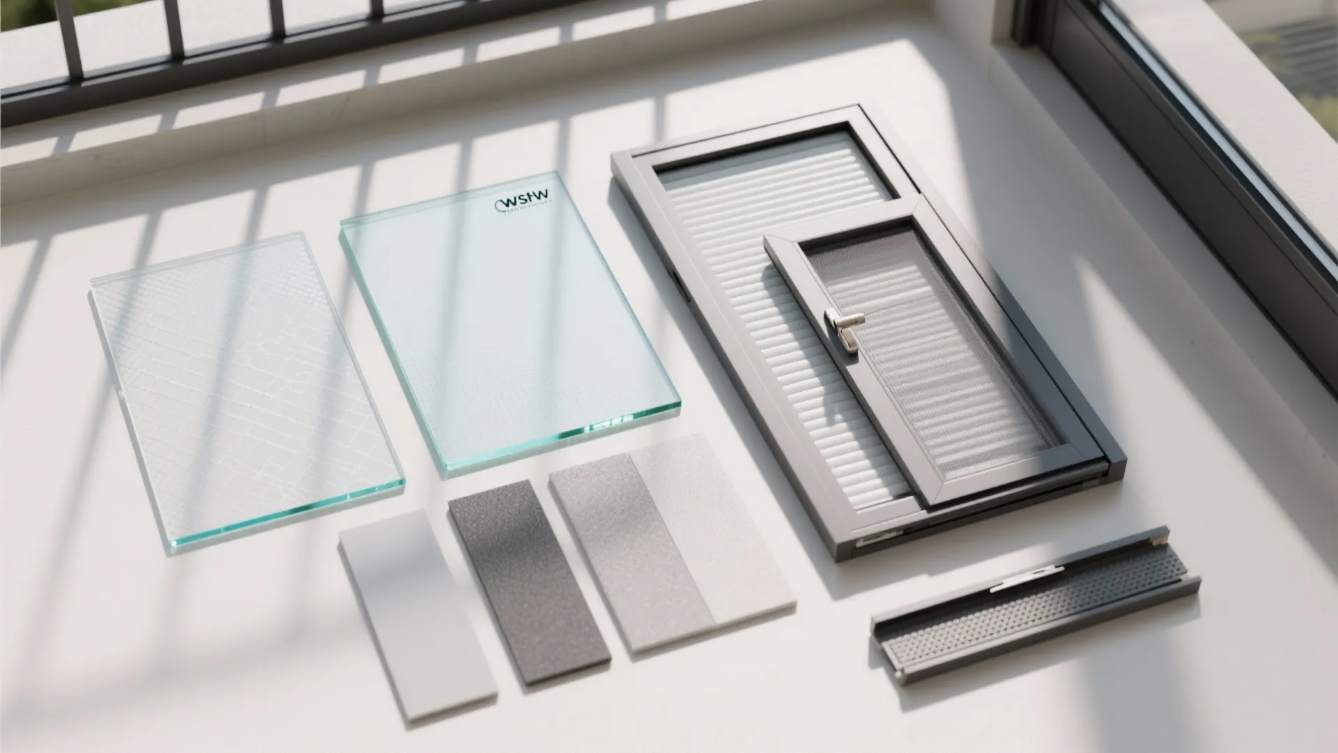 Glass door samples with different textures and grey metal frames displayed on a white surface