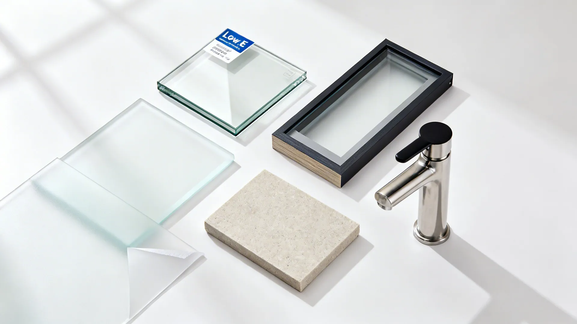 Flat lay of frosted and clear glass, composite frame, hardware, and stone samples.