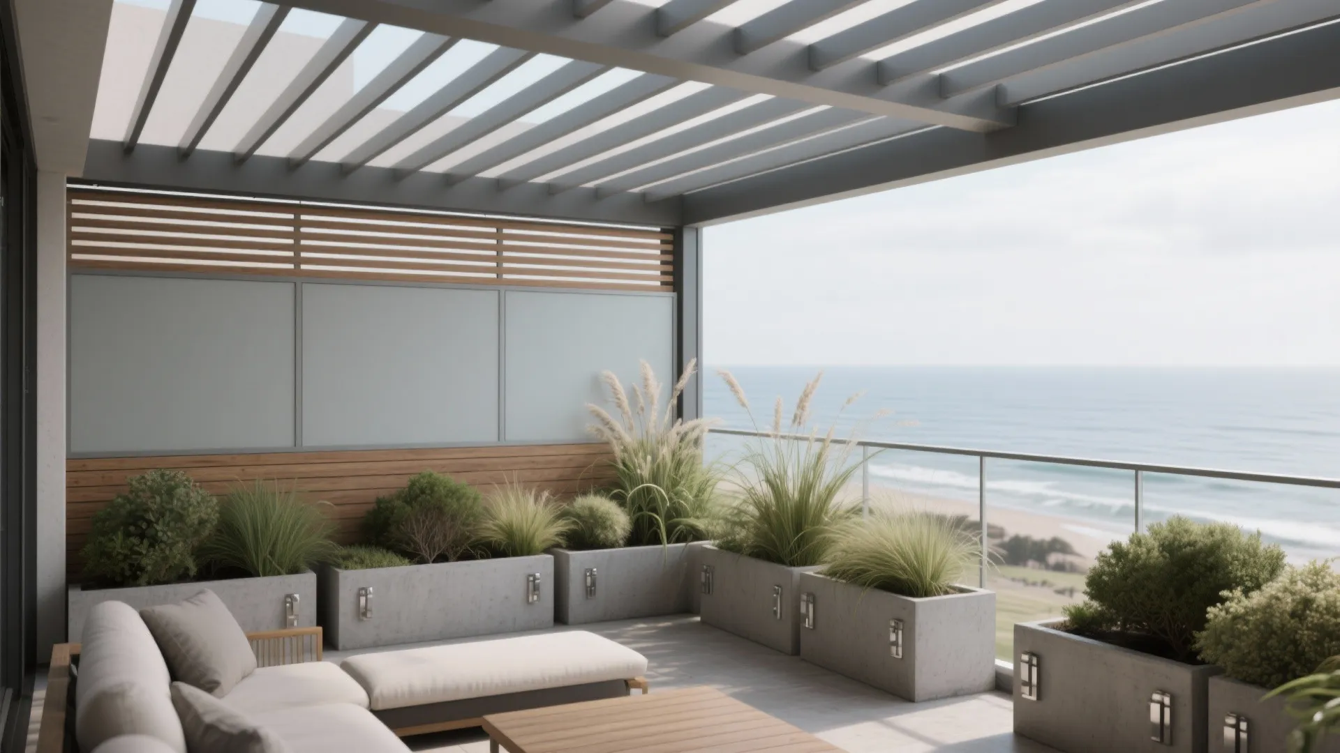 Modern outdoor balcony with white sofa wood table grey plant boxes and ocean view background