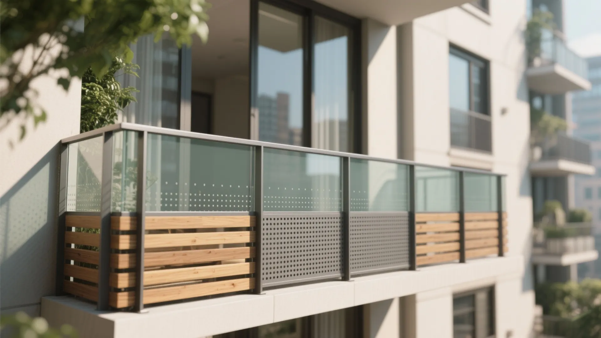 Close up of a modern balcony railing with decorative glass panels and horizontal wooden slats