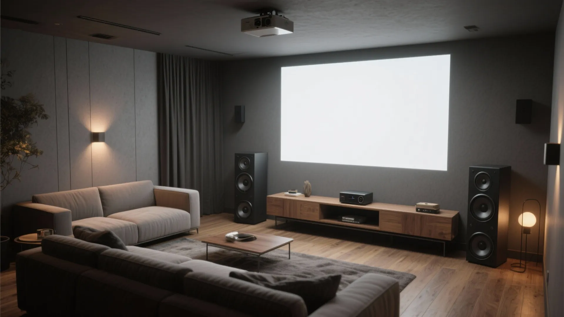 Home cinema room with large white screen plus speakers and comfortable sofa in dark colors