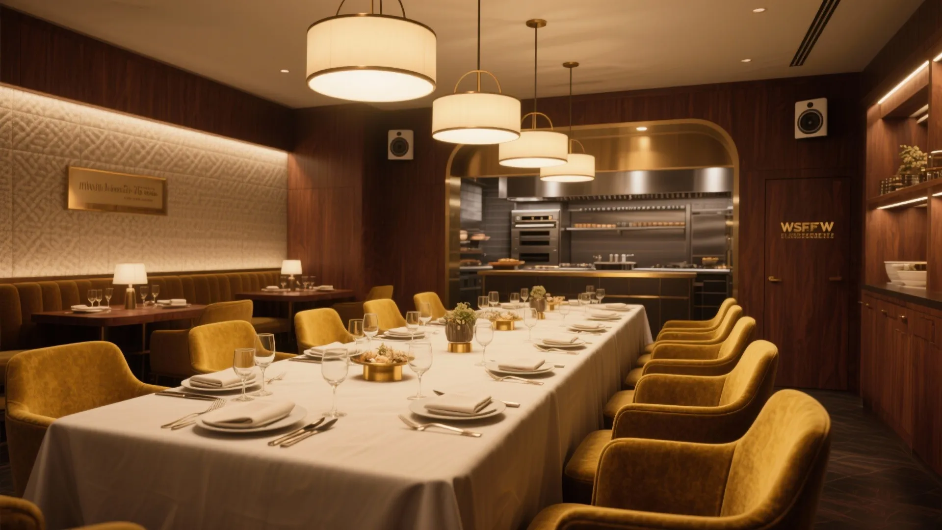 Private dining room set for 20–30 guests with warm pendant lighting and a styled communal table.