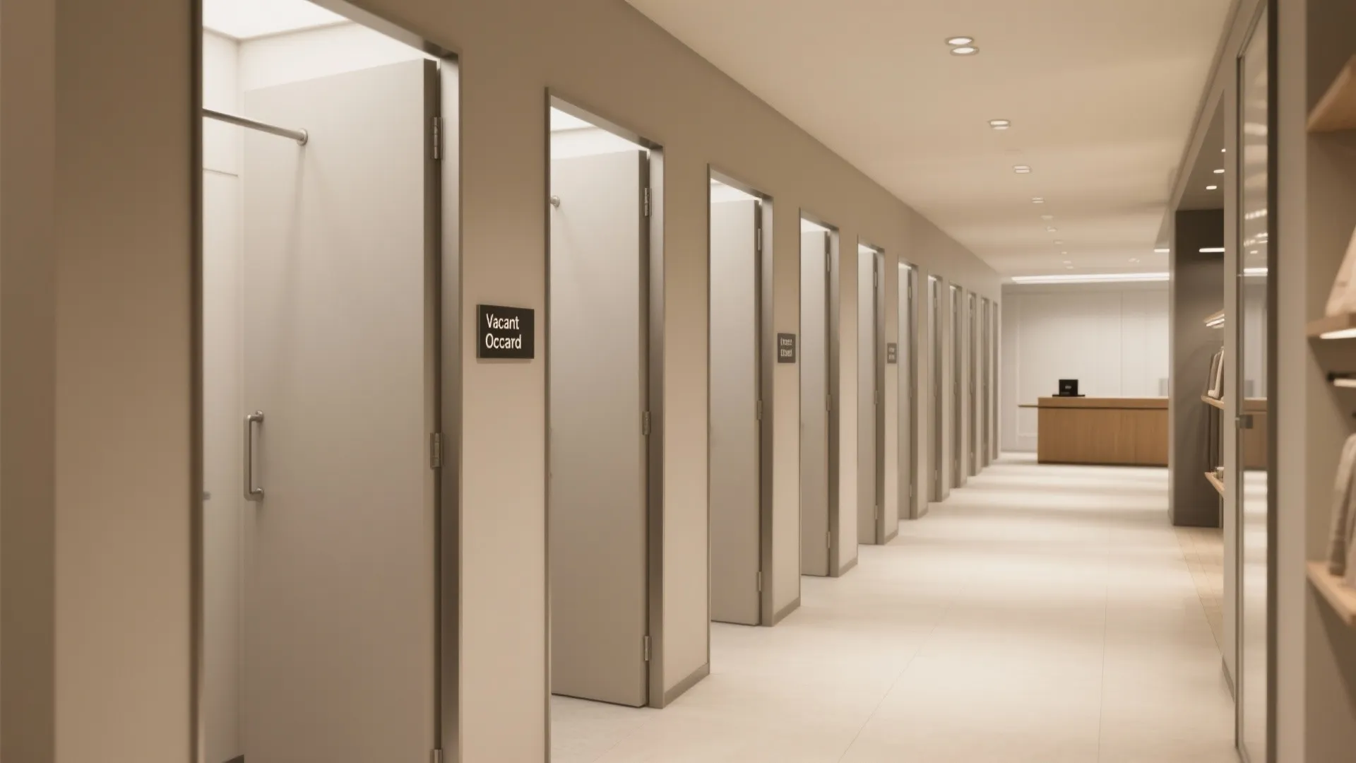 [
  {
    "url": "https://coohom-biz-sg-s3.coohom.com/ins/static/article/private-fitting-corridor-1764696268455785900.jpg",
    "alt": "Modern store interior with white fitting room doors, vacant signs, beige walls and warm lights"
  }
]