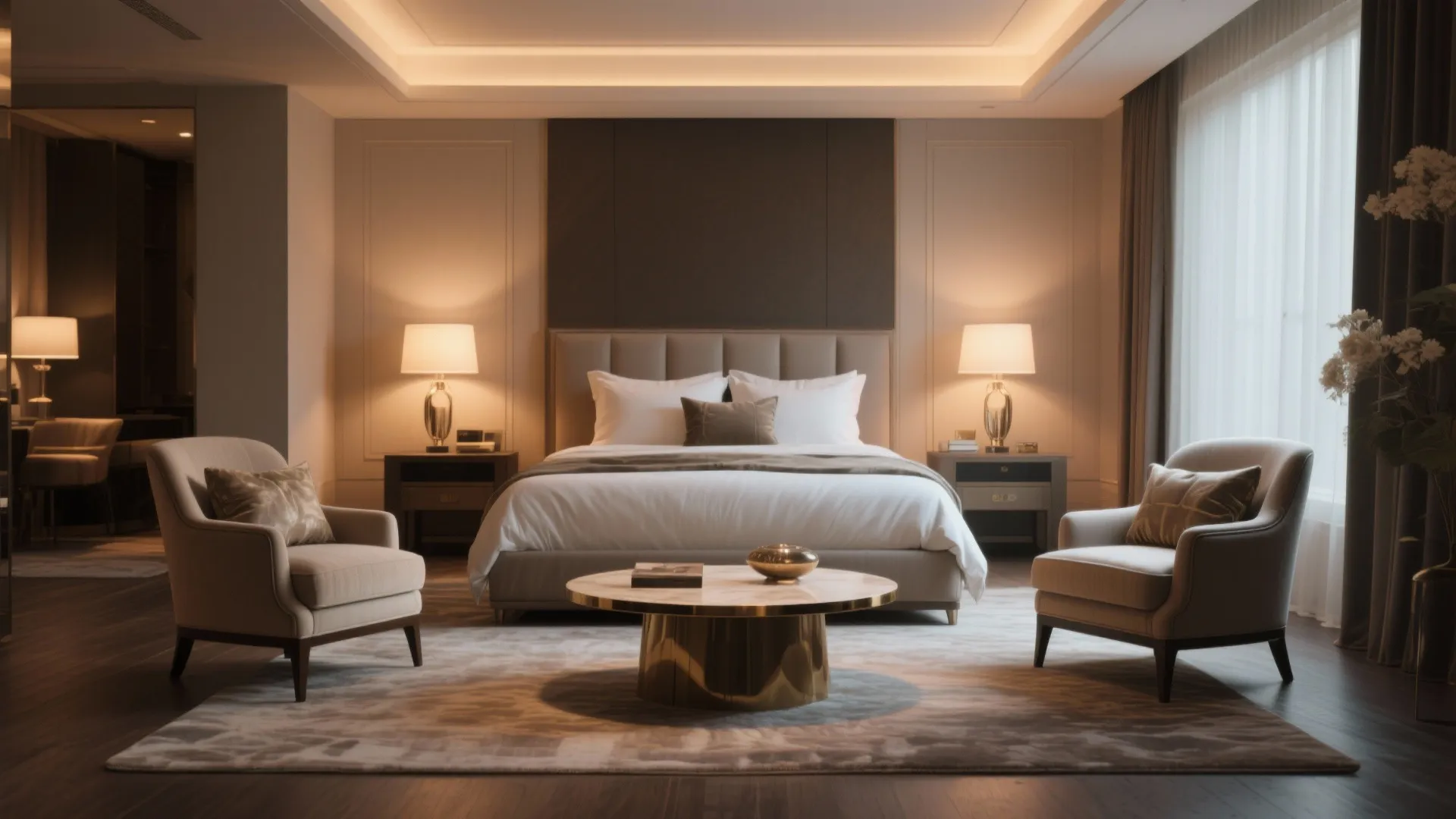 Luxury bedroom lounge area with two beige chairs round coffee table large rug and soft lighting