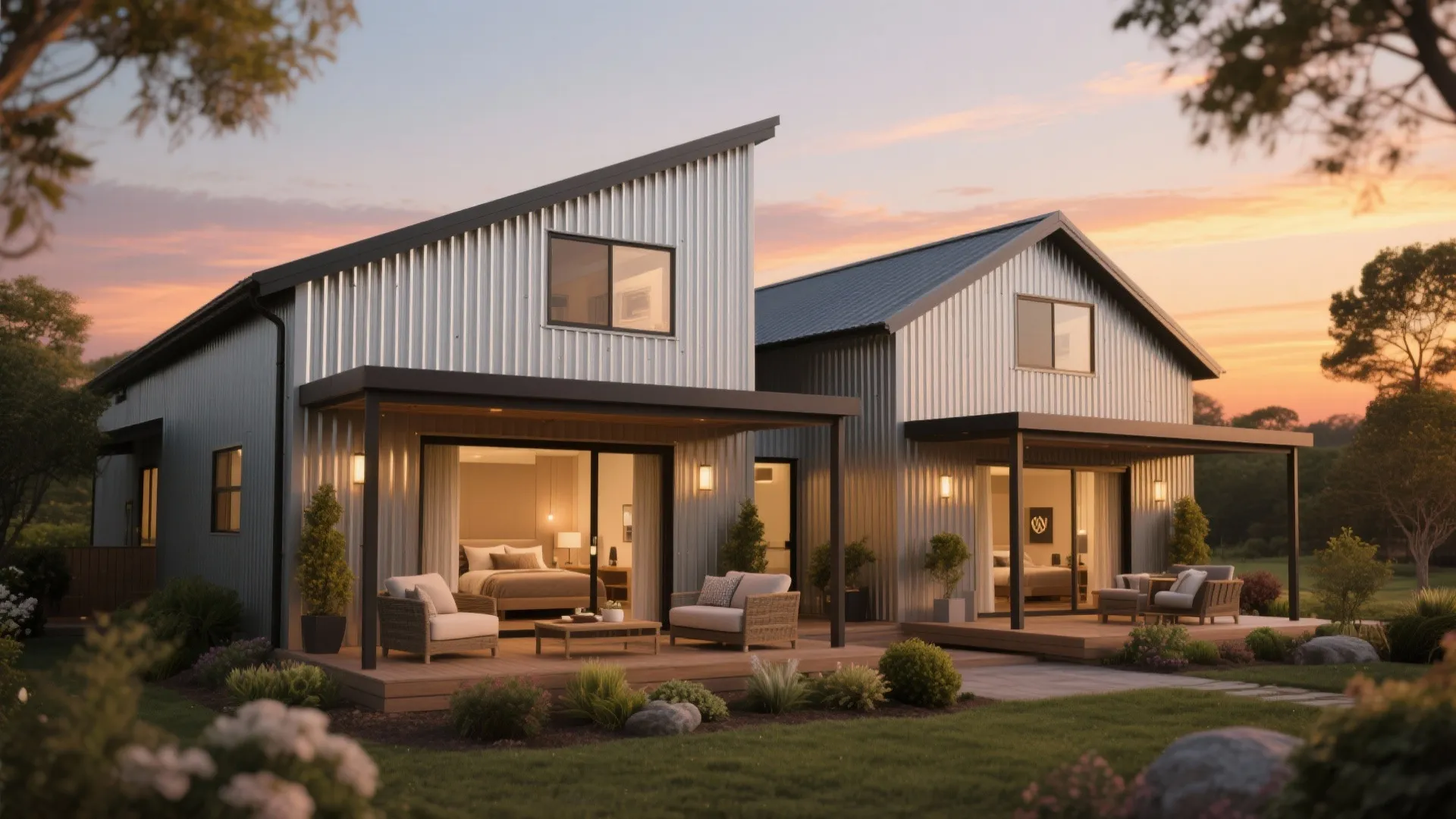 Modern metal house design featuring outdoor wooden decks with chairs and large sliding glass doors