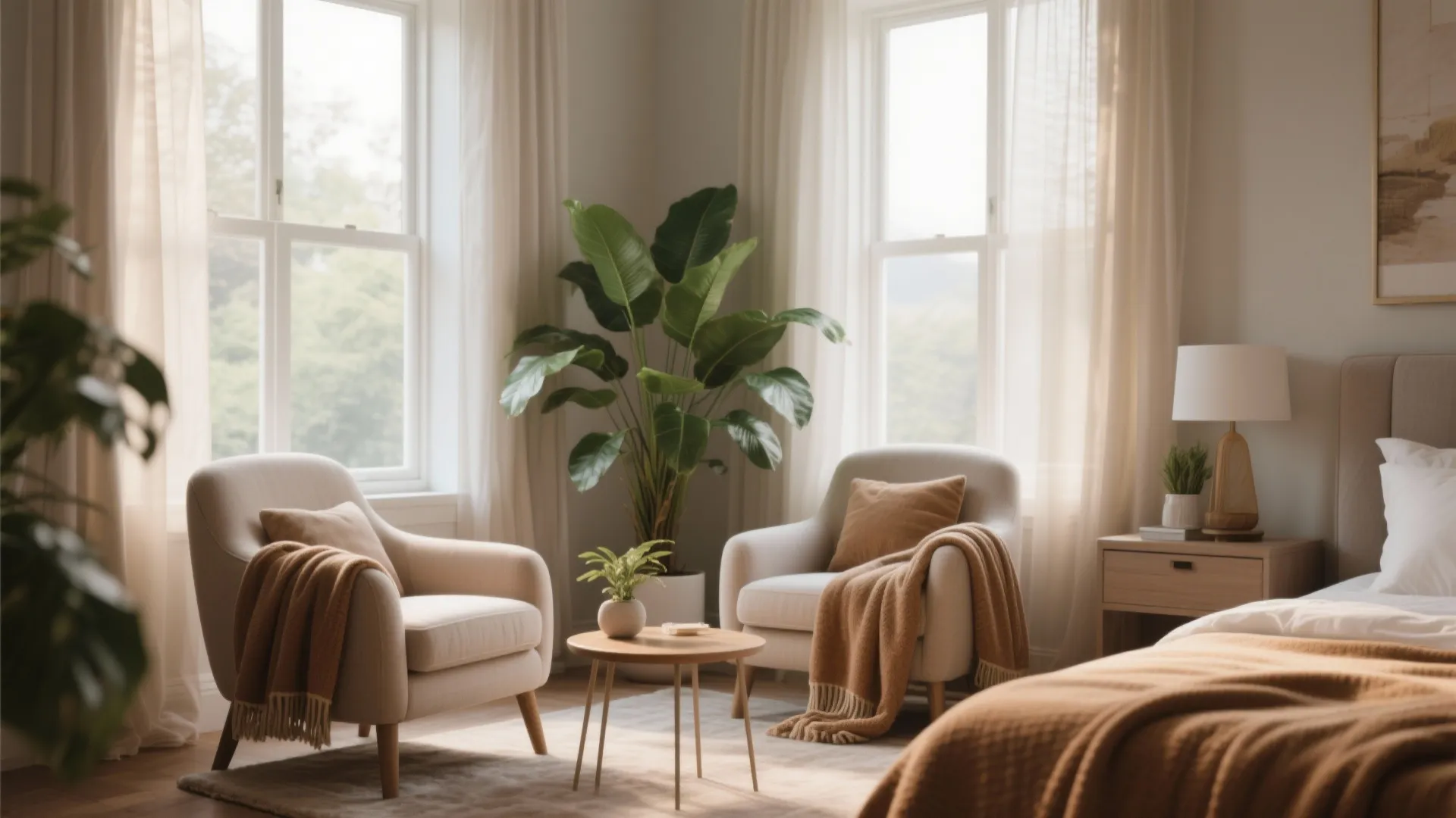 Bedroom sitting area with two beige armchairs small wooden table green plant and bright windows