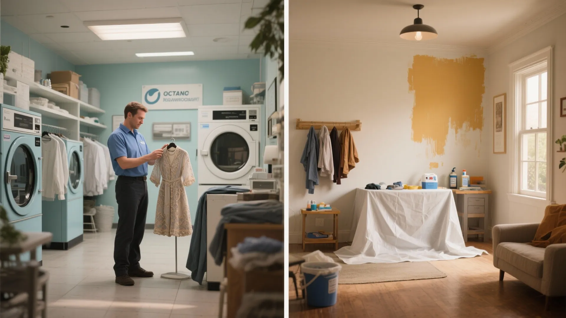 Side by side comparison of a professional laundry service and a home wall painting project
