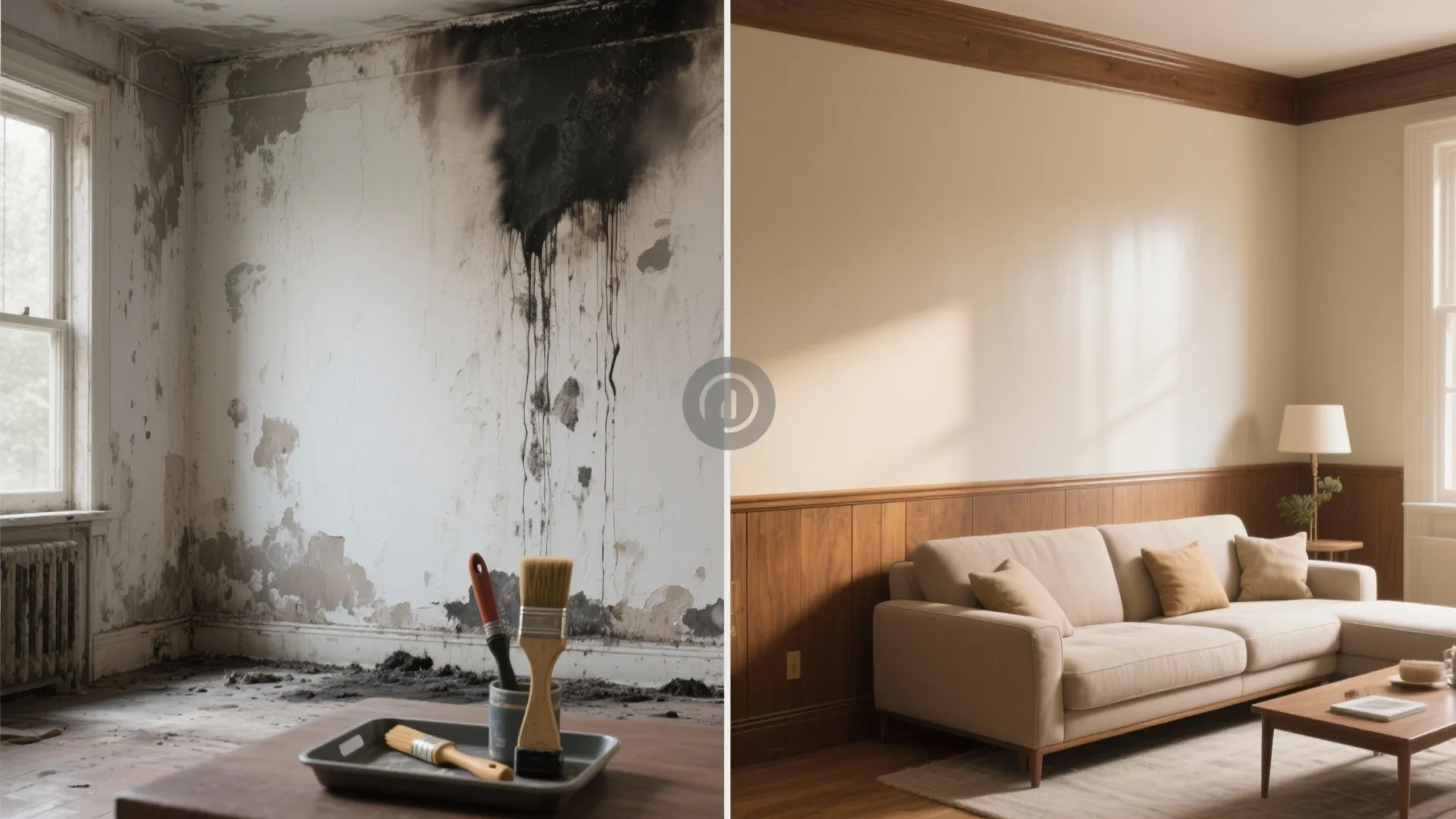 Before and after comparison of a damaged wall versus a clean living room with sofa