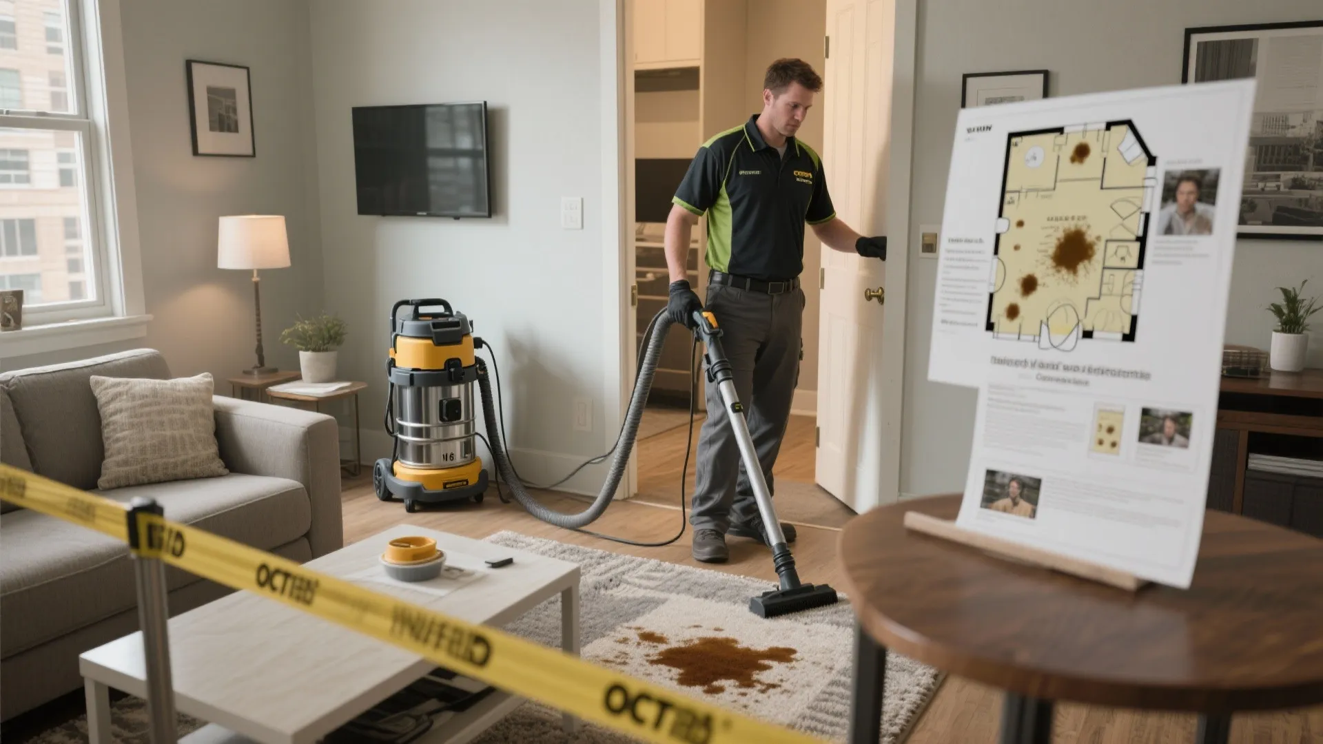 Carpet cleaning professional with extraction gear and a printed floor plan marking stain locations in a condo living room.