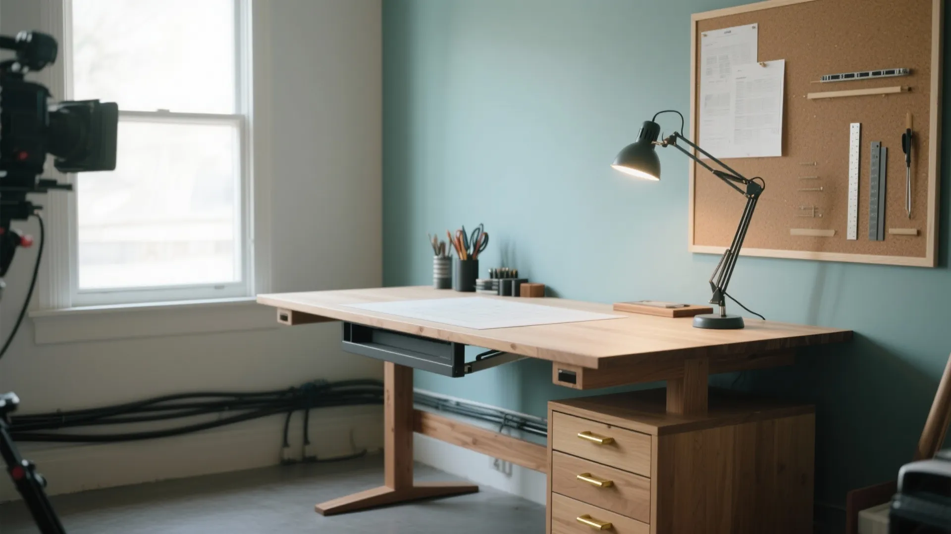 Professional wooden drawing table with black light fixture in a bright home office studio space