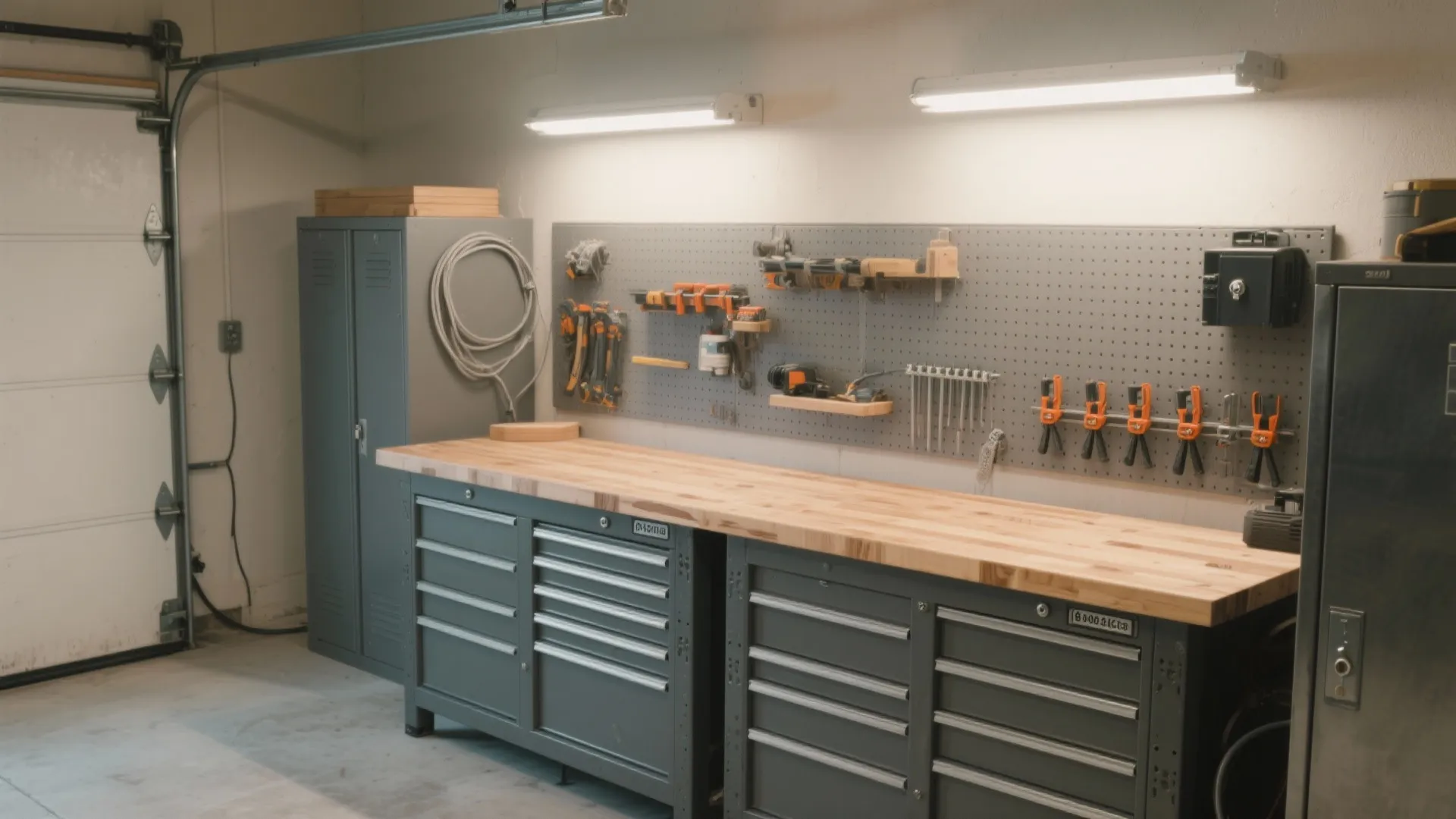 Well organized garage workshop with wooden workbench grey storage cabinets pegboard tools and bright ceiling lights