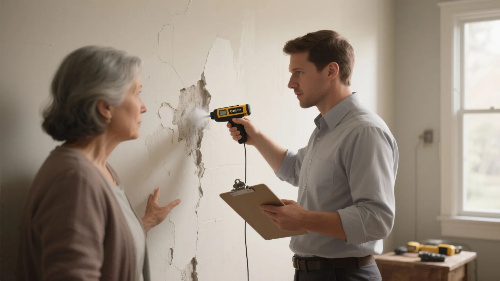 Man holding clipboard using sensor tool on cracked wall while woman watches during home inspection
