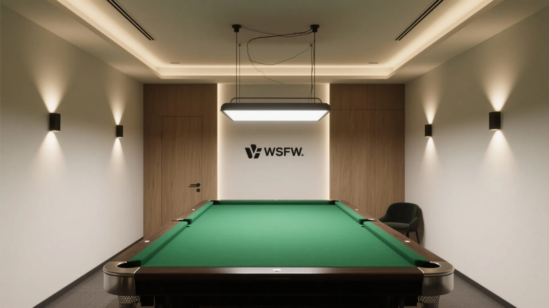 Modern game room with green pool table wall light ceiling light and wooden door design