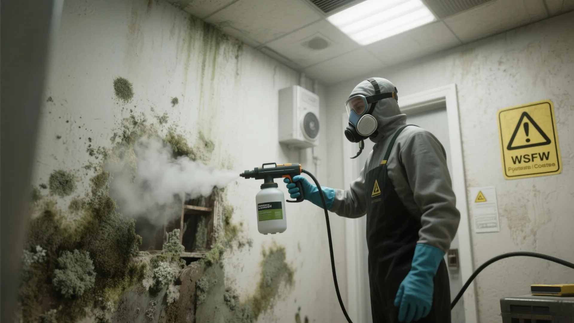 Professional cleaner in protective suit and mask spraying white mist onto a moldy interior wall