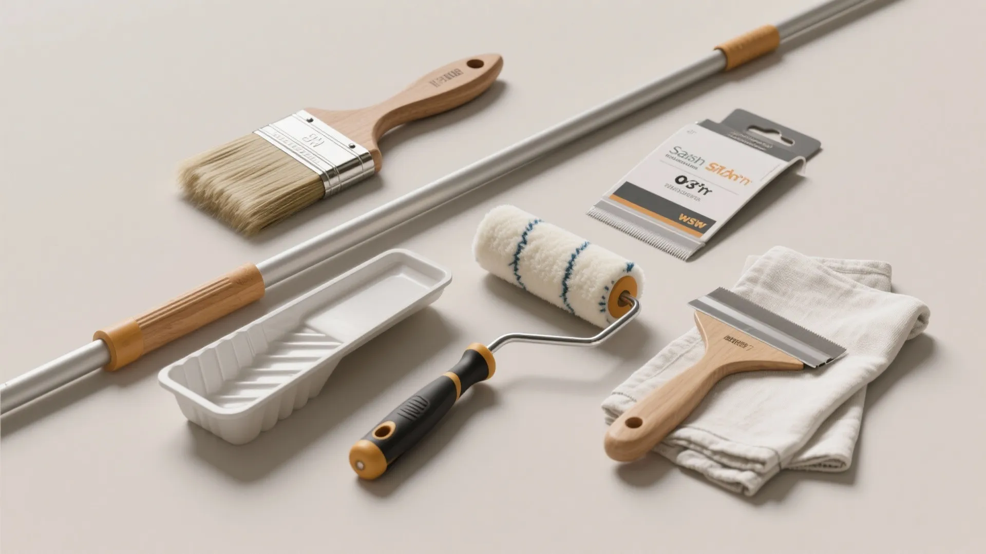 Professional home painting tools including brushes rollers tray and long handles for interior house wall painting