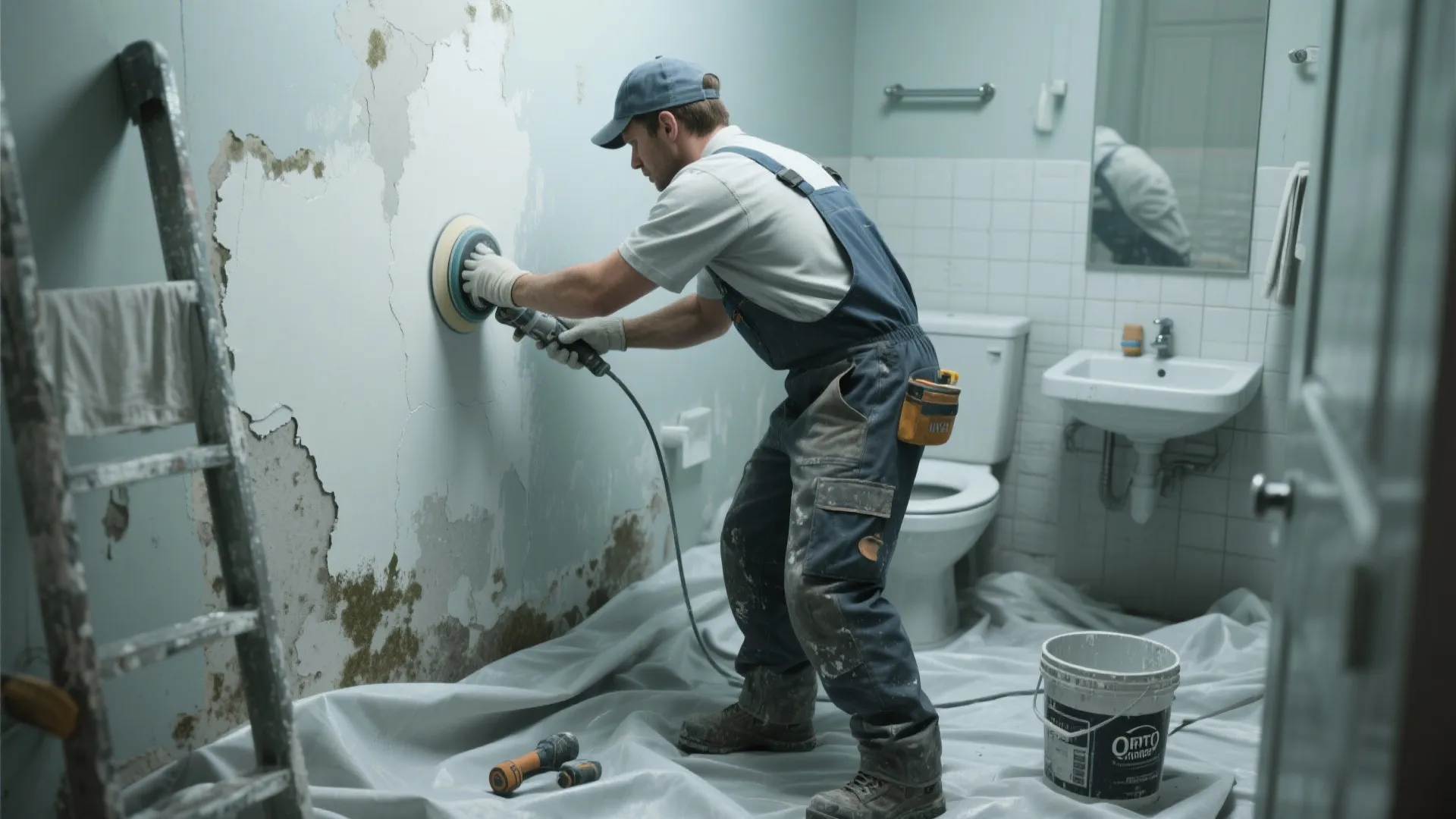 Professional worker sanding a damaged bathroom wall before painting with tools and a ladder nearby