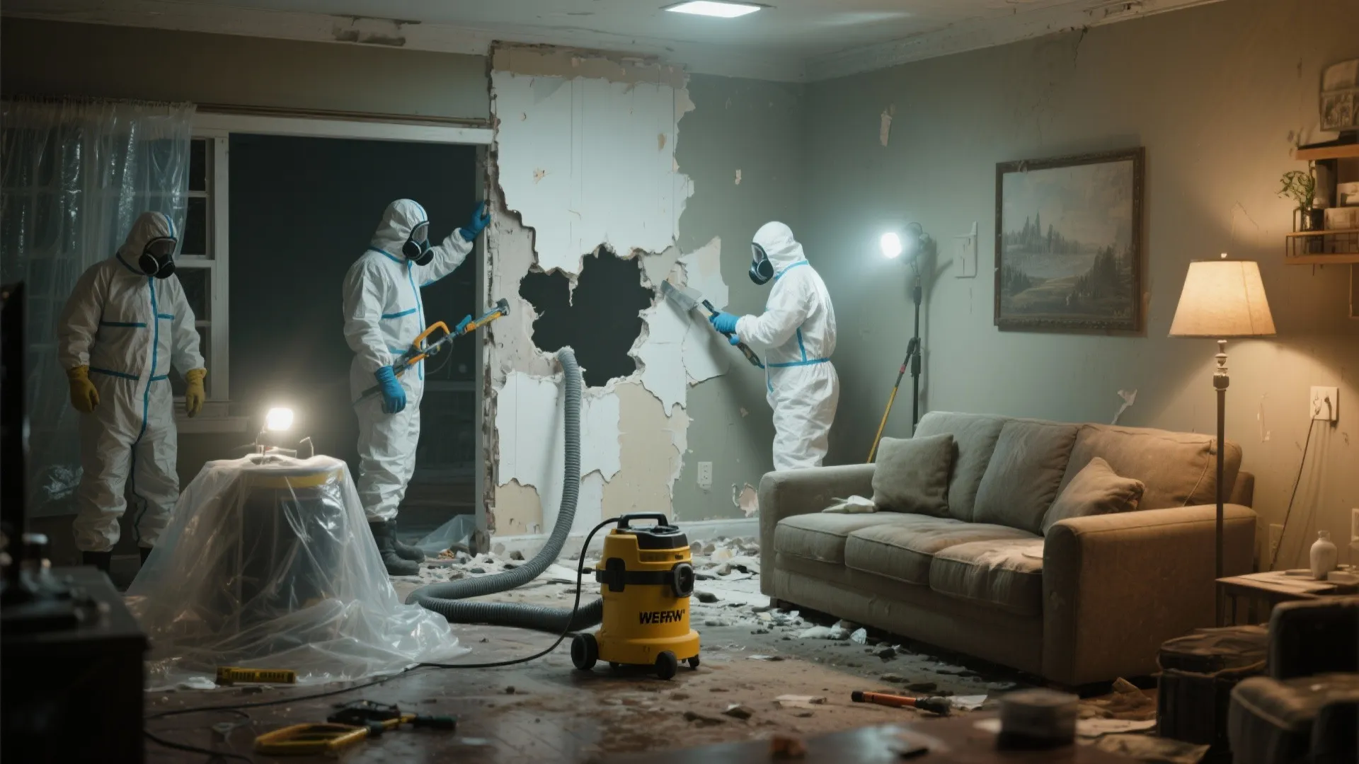 Professional workers in protective suits removing damaged wall in living room with vacuum and tools