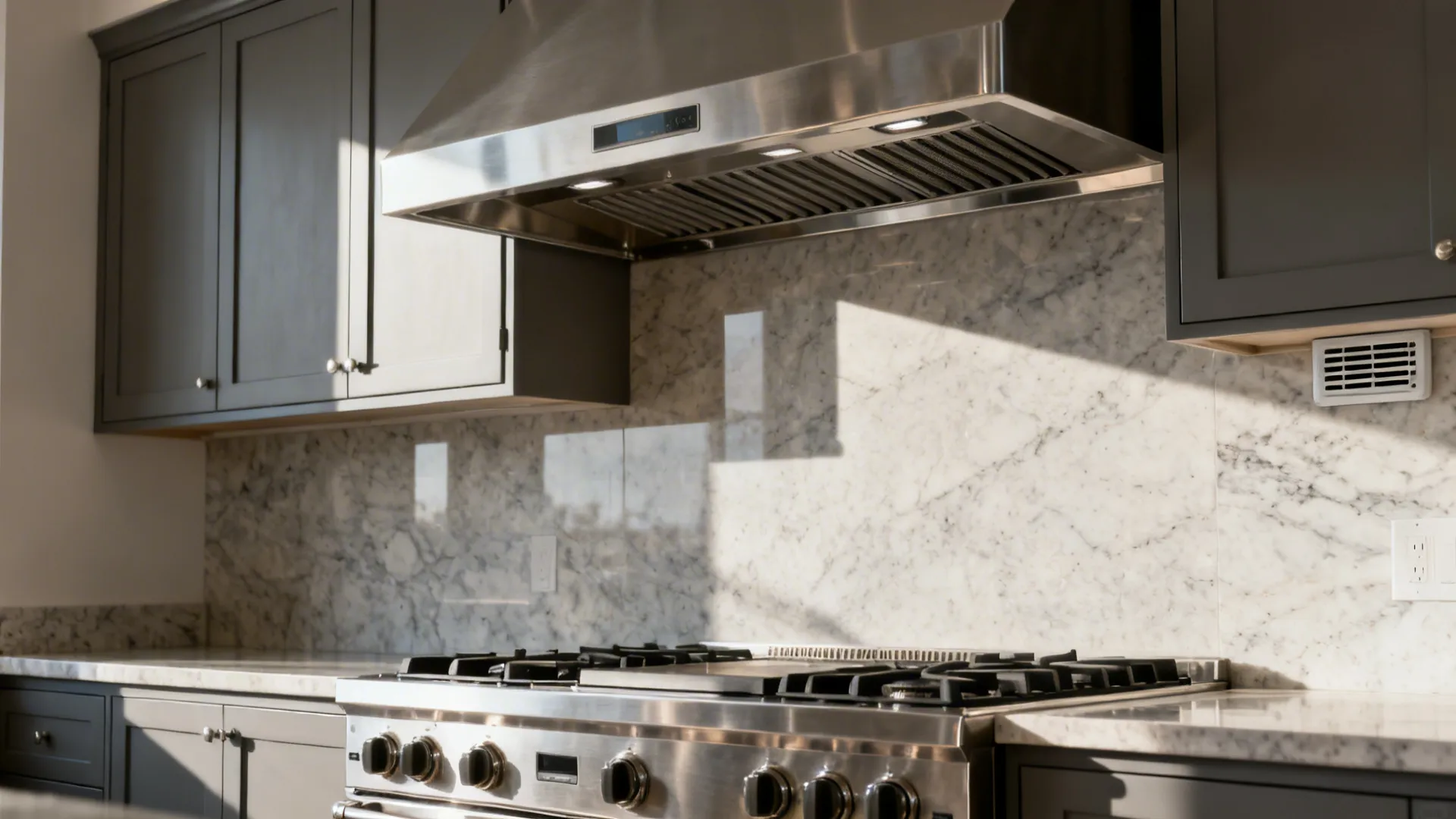 Pro-style wall hood with deep canopy, baffle filters, and perimeter aspiration slots.