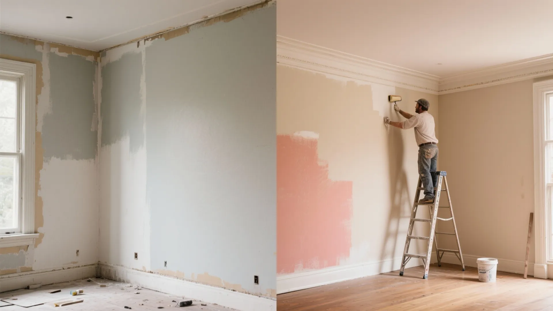 Before-and-after split showing DIY walls versus professionally finished ceiling and trim
