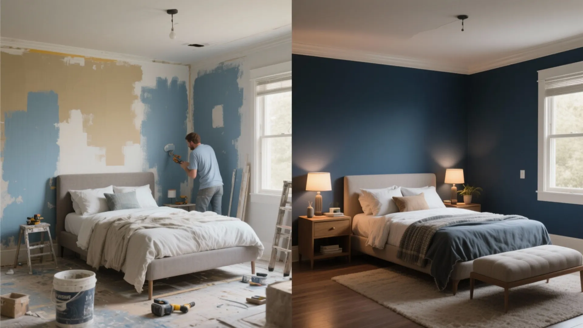 Split view of a DIY mid-job versus a professional finished 12x12 bedroom with a navy accent wall.