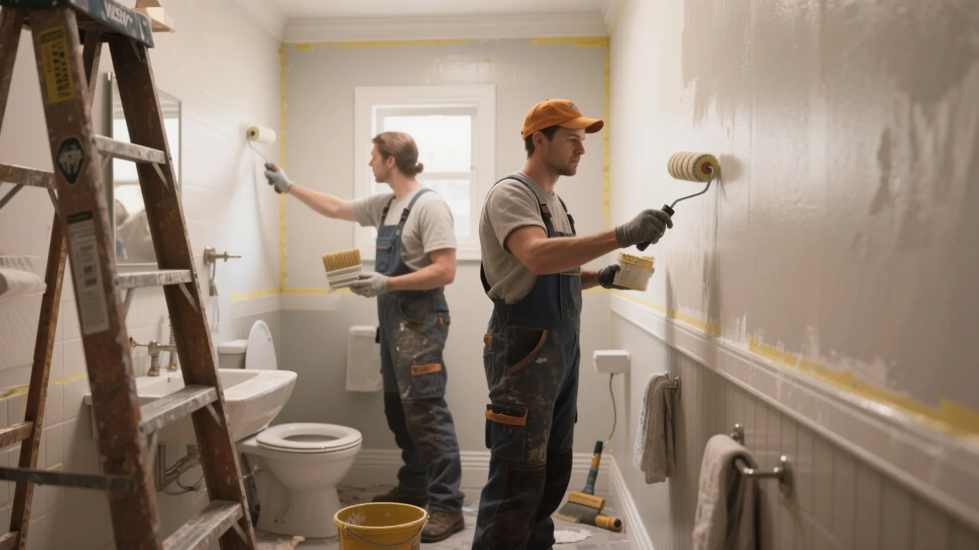 Two professional painters using rollers to apply light paint on bathroom walls with wall panels