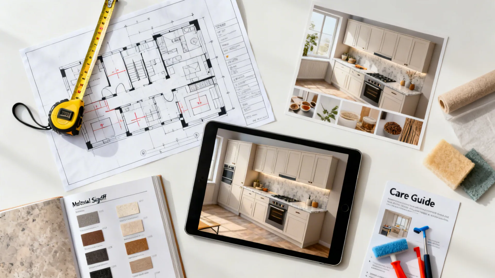 Top-down storyboard of seven steps from brief and measure to handover for a kitchen project.