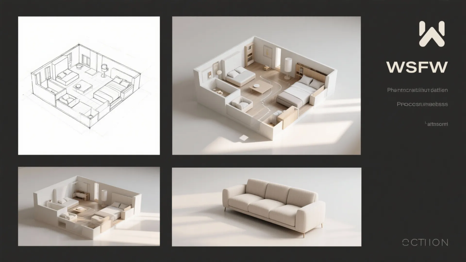 Interior design drawing collage showing a bedroom floor plan sketch 3D model and cream sofa