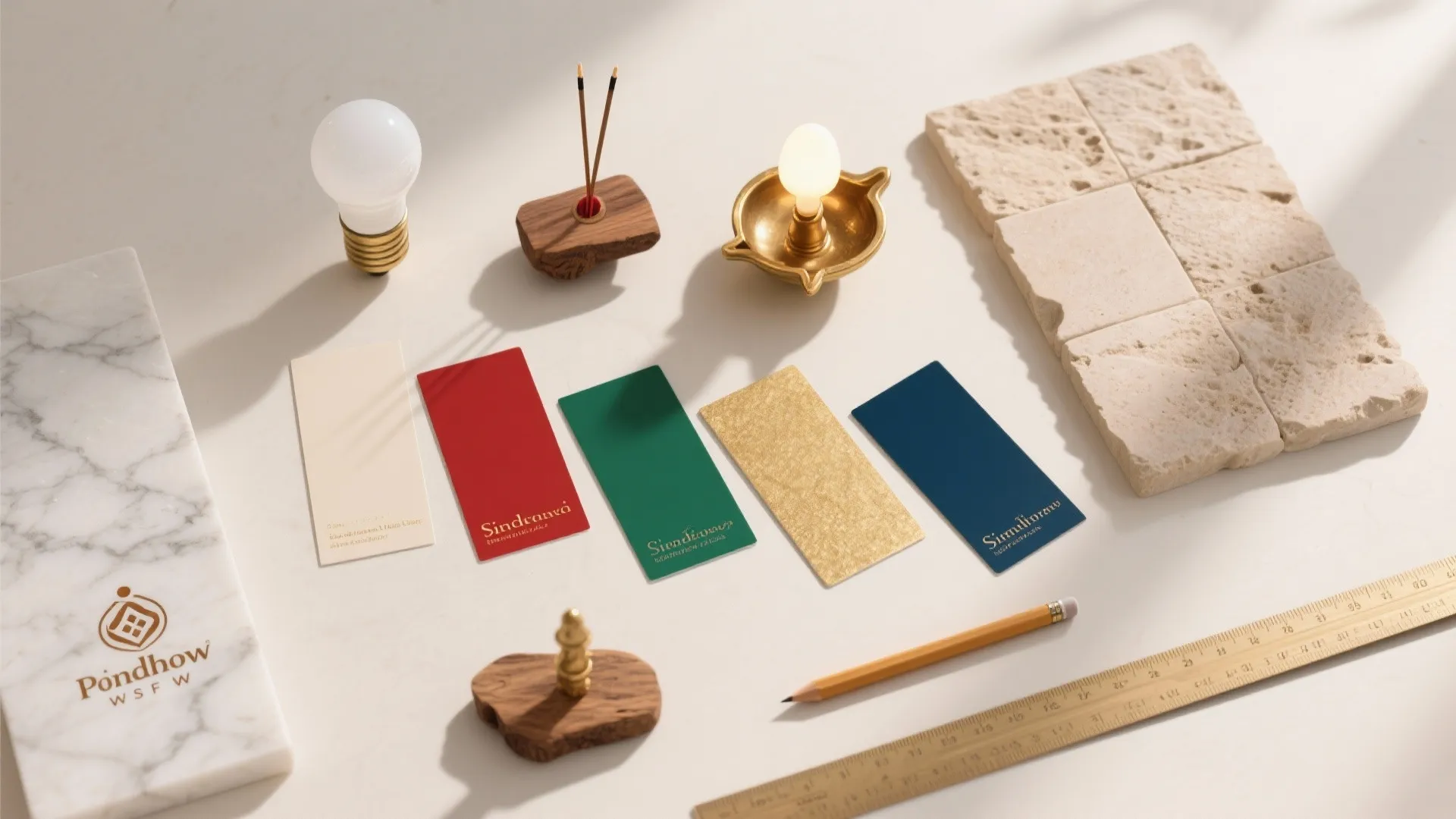 Design mood board showing colorful material samples stone tiles pencil ruler and a light bulb