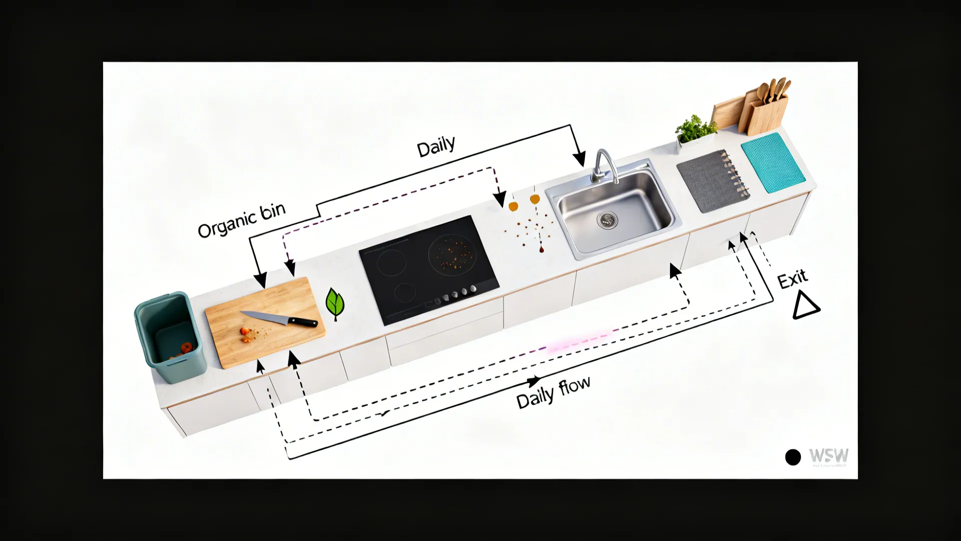Top-down kitchen flow diagram with arrows guiding scraps from prep to bins and out the door.
