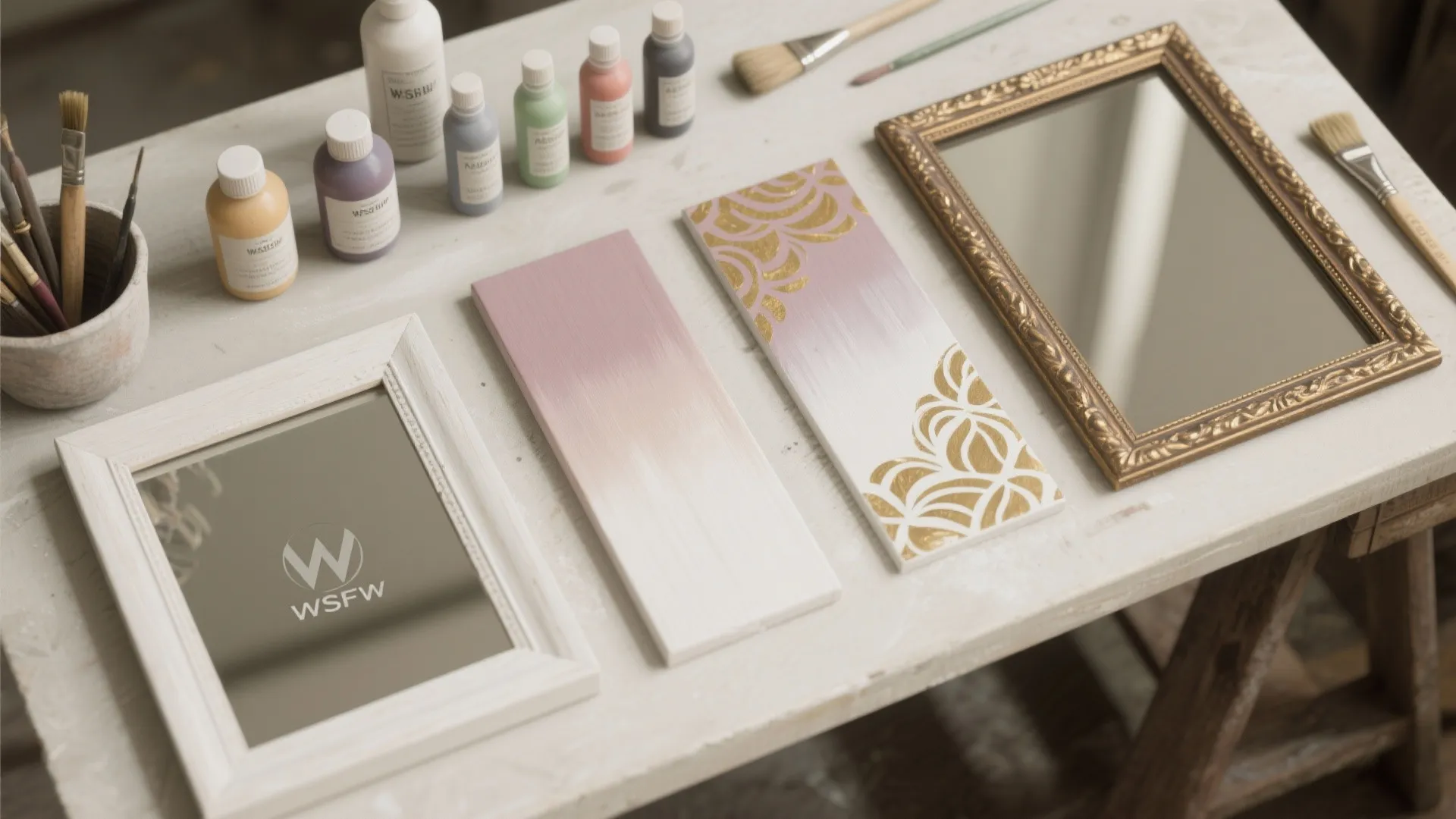 Worktable with framed mirrors, painted wood panels, colorful paint bottles, and several paintbrushes for decorating