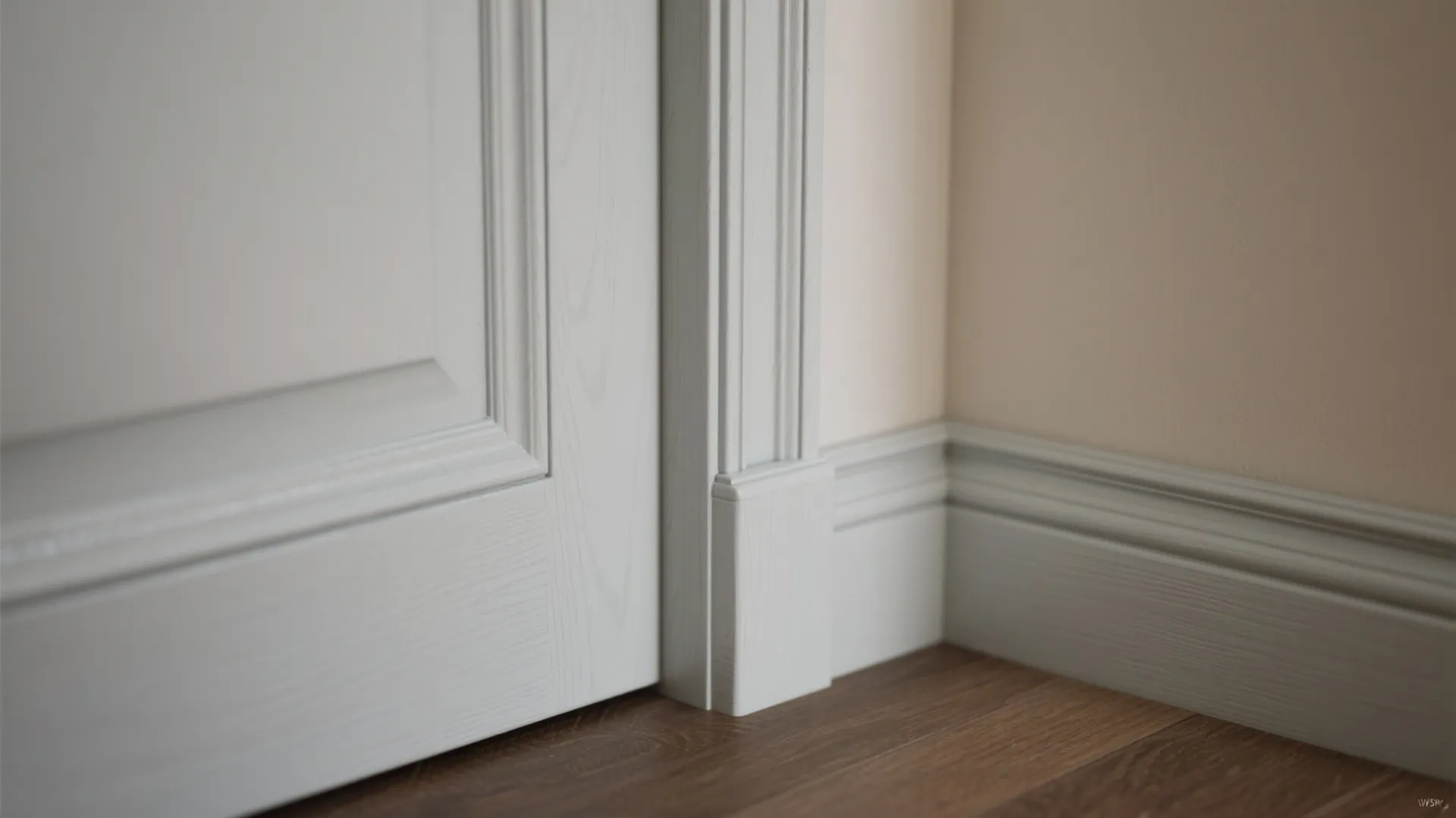 Close up of light grey wooden wall panel and door frame on dark wood flooring