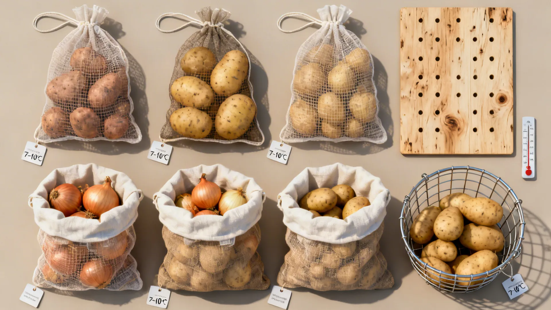 Flat lay of mesh bags, cotton liners, wire basket sample, perforated wood, labels, and a thermometer for cool storage.