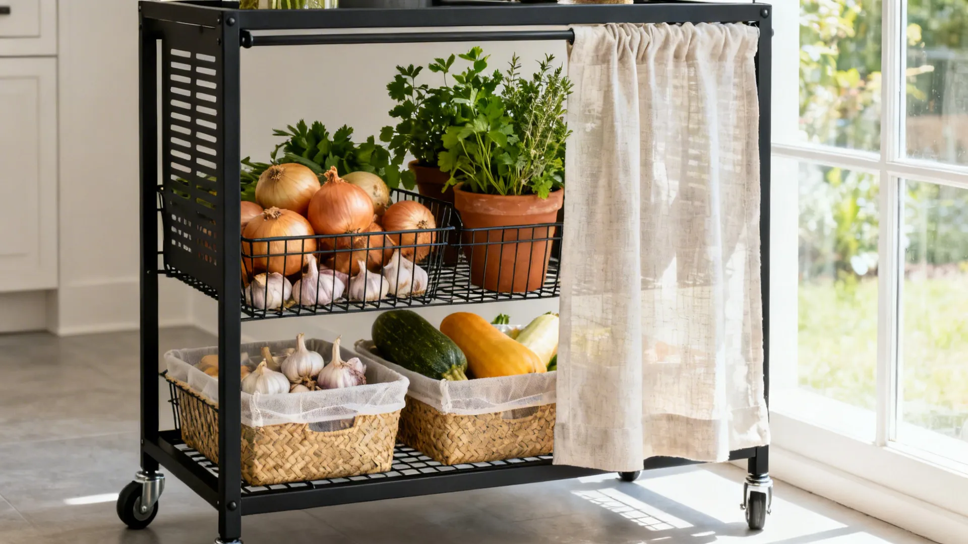 Open-frame trolley with wire baskets storing produce and herbs, positioned away from direct sun.