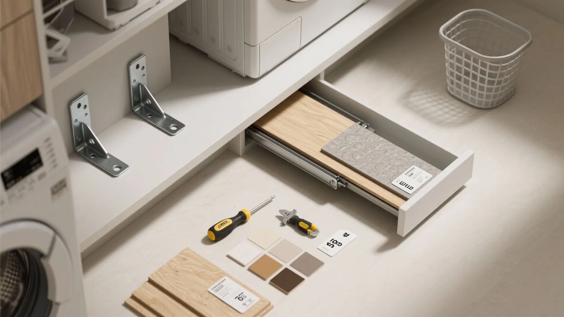 Cabinet installation materials with wood samples and screwdriver on floor near white furniture and laundry basket