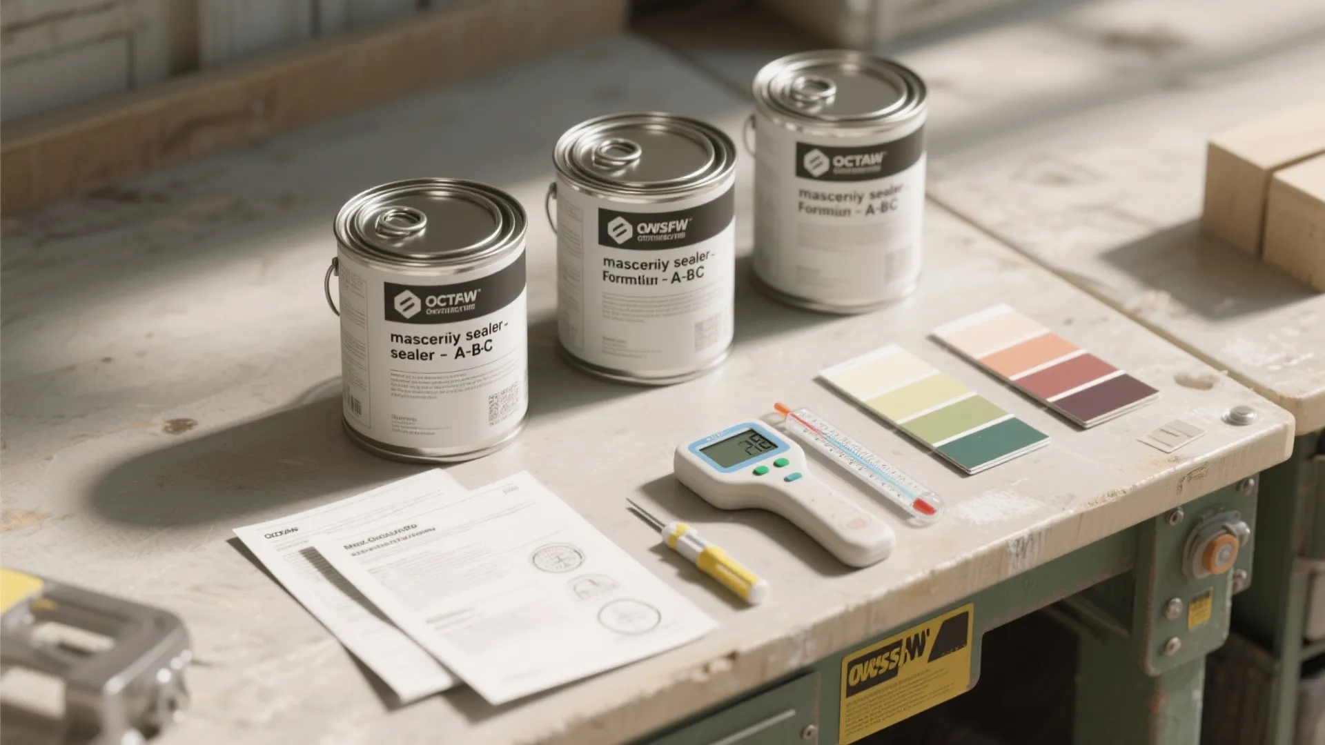 Three paint cans with color swatches and tools on a workbench for a home project